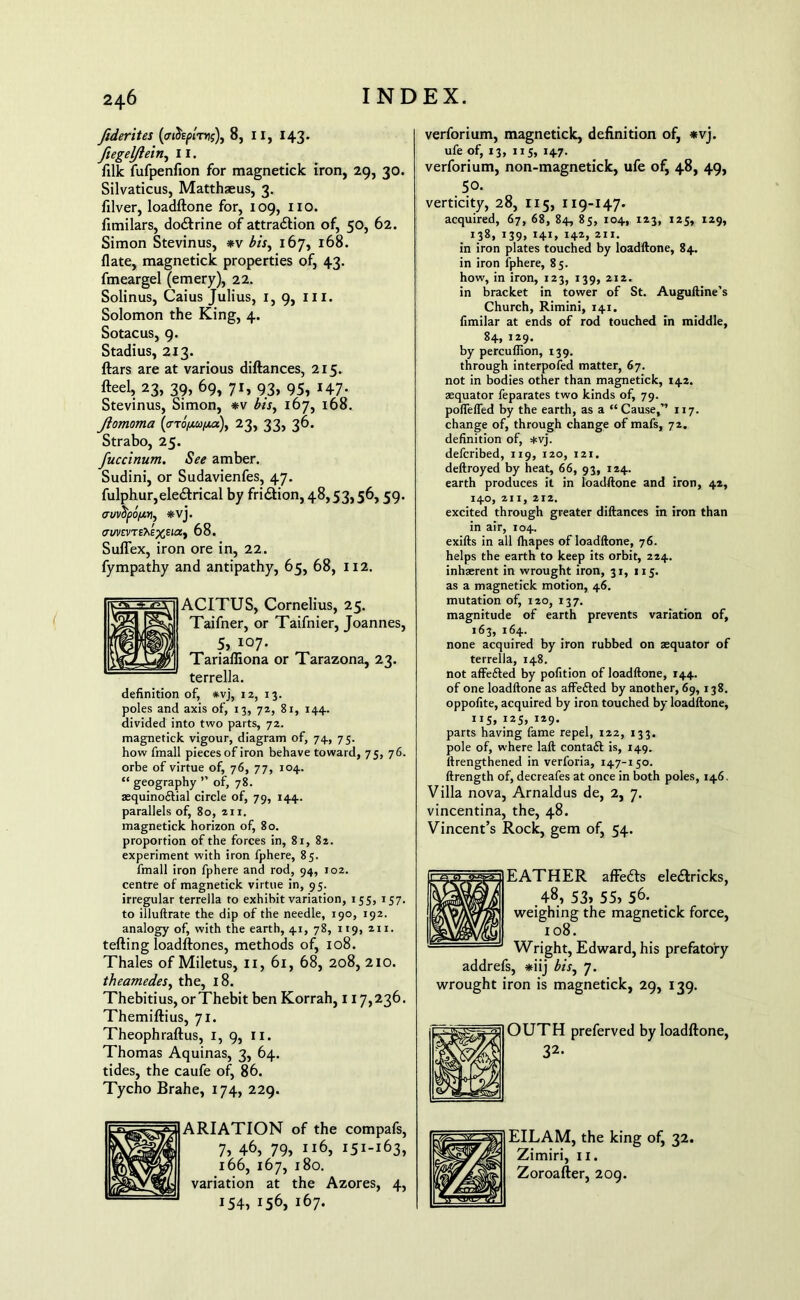 fiderites (fft&ptrns), 8, 11, 143. fiegelftein, II. filk fufpenfion for magnetick iron, 29, 30. Silvaticus, Matthaeus, 3. filver, loadftone for, 109, no. fimilars, do&rine of attra&ion of, 50, 62. Simon Stevinus, *v bis, 167, 168. flate, magnetick properties of, 43. fmeargel (emery), 22. Solinus, Caius Julius, 1, 9, in. Solomon the King, 4. Sotacus, 9. Stadius, 213. ftars are at various diftances, 215. fteel, 23, 39, 69, 71, 93, 95, 147. Stevinus, Simon, *v bis, 167, 168. Jlomoma [aTo/^u/xa)y 23, 33, 36. Strabo, 25. fuccinum. See amber. Sudini, or Sudavienfes, 47. fulphur,ele£trical by fri&ion, 48,53,56,59. auvtyofjw, *vj. 0WrVTSX£%EI«, 68. Suflex, iron ore in, 22. fympathy and antipathy, 65, 68, 112. ACITUS, Cornelius, 25. Taifner, or Taifnier, Joannes, 5, 107. Tariaffiona or Tarazona, 23. terrella. definition of, #vj, 12, 13. poles and axis of, 13, 72, 81, 144. divided into two parts, 72. magnetick vigour, diagram of, 74, 75. how fmall pieces of iron behave toward, 75, 76. orbe of virtue of, 76, 77, 104. “ geography ” of, 78. aequino&ial circle of, 79, 144. parallels of, 80, 211. magnetick horizon of, 80. proportion of the forces in, 81, 82. experiment with iron fphere, 85. fmall iron fphere and rod, 94, 102. centre of magnetick virtue in, 95. irregular terrella to exhibit variation, 155, 157. to illuftrate the dip of the needle, 190, 192. analogy of, with the earth, 41, 78, 119, 211. tefting loadftones, methods of, 108. Thales of Miletus, 11, 61, 68, 208,210. theamedes, the, 18. Thebitius, orThebit ben Korrah, 117,236. Themiftius, 71. Theophraftus, 1, 9, 11. Thomas Aquinas, 3, 64. tides, the caufe of, 86. Tycho Brahe, 174, 229. verforium, magnetick, definition of, *vj. ufe of, 13, 115, 147. verforium, non-magnetick, ufe of, 48, 49, 50. verticity, 28, 115, 119-147. acquired, 67, 68, 84, 85, 104, 123, 125, 129, 138, 139, 141, 142, 211. in iron plates touched by loadftone, 84. in iron fphere, 85. how, in iron, 123, 139, 212. in bracket in tower of St. Auguftine’s Church, Rimini, 141. fimilar at ends of rod touched in middle, 84, 129. by percuflion, 139. through interpofed matter, 67. not in bodies other than magnetick, 142. aequator feparates two kinds of, 79. pofieffed by the earth, as a “Cause,” 117. change of, through change of mafs, 72. definition of, *vj. defcribed, 119, 120, 121. deftroyed by heat, 66, 93, 124. earth produces it in loadftone and iron, 42, 140, 211, 212. excited through greater diftances in iron than in air, 104. exifts in all fhapes of loadftone, 76. helps the earth to keep its orbit, 224. inhaerent in wrought iron, 31, 115. as a magnetick motion, 46. mutation of, 120, 137. magnitude of earth prevents variation of, 163, 164. none acquired by iron rubbed on aequator of terrella, 148. not affefted by pofition of loadftone, 144. of one loadftone as affefted by another, 69,138. oppofite, acquired by iron touched by loadftone, 1TS» I29- parts having fame repel, 122, 133. pole of, where laft contact is, 149. ftrengthened in verforia, 147-150. ftrength of, decreafes at once in both poles, 146. Villa nova, Arnaldus de, 2, 7. vincentina, the, 48. Vincent’s Rock, gem of, 54. EATHER affe&s ele&ricks, .48, 53, 55, 56. weighing the magnetick force, 108. Wright, Edward, his prefatory addrefs, *iij bis, 7. wrought iron is magnetick, 29, 139. OUTH preferved by loadftone, 32- ARIATION of the compafs, 7, 46, 79, II6, 151-163, 166, 167, 180. variation at the Azores, 4, 154, 156, 167. EILAM, the king of, 32. Zimiri, 11. Zoroafter, 209.