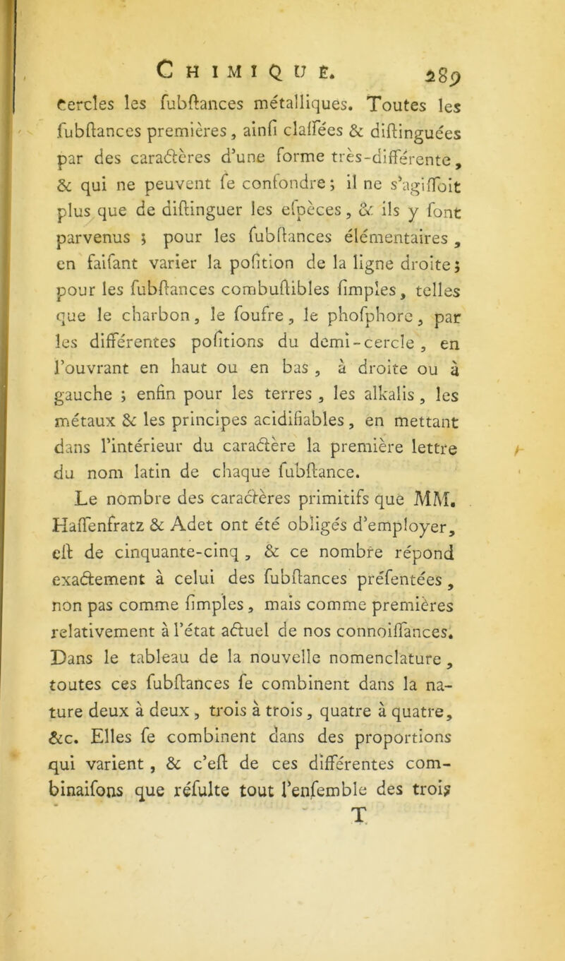 C H I M I Q U Ê. Cercles les fubftances métalliques. Toutes les fubftanccs premières , ainfi clalFées & diftinguées par des caradlcres d’une forme très-difTércntc, &: qui ne peuvent fe contondre ; il ne s’agifToit plus que de diftinguer les elpèces, & ils y font parvenus 5 pour les fubflances élémentaires , en faifant varier la poGtion de la ligne droite; pour les fubflances combuftibles fimples, telles que le charbon, le faufre, le phofphorc, par les différentes portions du demi-cercle , en l’ouvrant en haut ou en bas , à droite ou à gauche ; enfin pour les terres , les alkalis, les métaux &: les principes acidifiables , en mettant dans l’intérieur du caradère la première lettre du nom latin de chaque fubftance. Le nombre des caractères primitifs que MAT. Haffenfratz & Adet ont été obligés d’employer, efi: de cinquante-cinq , & ce nombre répond exadement à celui des fubflances préfentées , non pas comme fimples , mais comme premières relativement à l’état aduel de nos connoififances. Dans le tableau de la nouvelle nomenclature, toutes ces fubflances fe combinent dans la na- ture deux à deux , trois à trois, quatre à quatre, &c. Elles fe combinent dans des proportions qui varient , &c c’efl de ces différentes com- binaifotis que réfulte tout fenfemble des trois T.