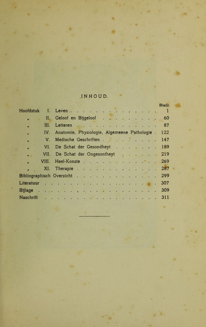 INHOUD. Bladz. Hoofdstuk I. Leven 1 „ II. Geloof en Bijgeloof 60 „ III. Letteren 87 „ IV. Anatomie, Physiologie, Algemeene Pathologie . 122 „ V. Medische Geschriften 147 „ VI. De Schat der Gesondheyt 189 „ VII. De Schat der Ongesontheyt 219 „ VIII. Heel-Konste 269 „ XI. Therapie 287 Bibliographisch Overzicht 299 Literatuur 307 Bijlage , 309 Naschrift 311