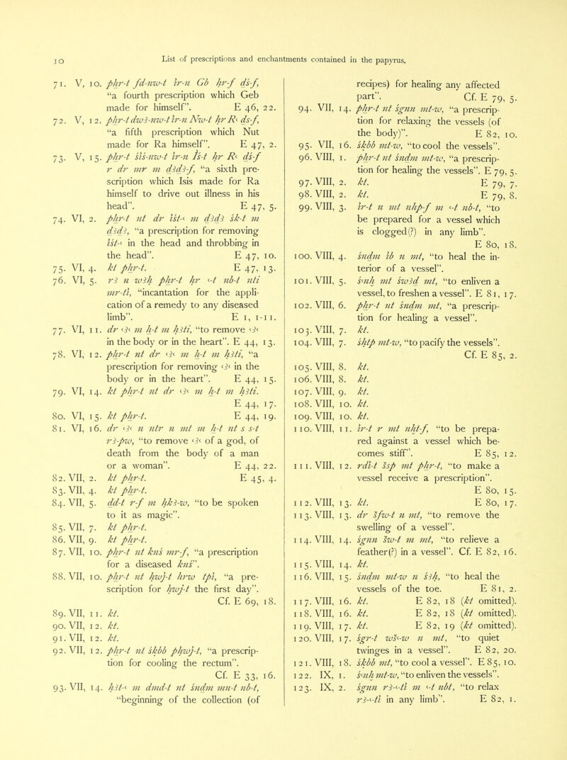 71. V, 72. V, 73- V, 74. VI, 75- VI, 76. VI, 77. VI, 78. VI, 79. VI, 80. VI, 81. VI, 82. VII, 83-VII, 84. VII, 85. VII, 86. VII, 87. VII, 88. VII, 89. VII, 90. VII, 91. VII, 92. VII, 93- VII, List of prescriptions and enchantments contained in the papyrus. 10. pJir-t fd-nw-t Ir-u Gb hr-f ds-f “a fourth prescription which Geb made for himself”. E 46, 22, 12. phr-tdw^-mv-tlr-n Nw-t hrR<- ds-f, “a fifth prescription which Nut made for Ra himself”. E 47, 2. 15. pJir-t sis-nw-t Ir-n Is-t hr ds-f r dr mr m dSdS-f “a sixth pre- scription which Isis made for Ra himself to drive out illness in his head”. E 47, 5. 2. phr-t nt dr IsG m dif sk-t m didi, “a prescription for removing isG in the head and throbbing in the head”. E 47, 10. 4. kt phr-t. E 47, 13. 5. ri n will pJ±r-t Jir <-t nb-t nti mr-ti, ‘‘incantation for the appli- cation of a remedy to any diseased limb”. E I, I-11. \\. dr m h-t m hiti, “to remove in the body or in the heart”. E 44, 13. 12. phr-t nt dr <i< m h-t m hsti, “a prescription for removing <-S<- in the body or in the heart”. E 44, 15. 14. kt phr-t nt dr <i< m ft m hSti. E 44, 17. 15. kt pJ±r-t. E 44, 19. 16. dr n ntr n mt m h-t nt s s-t ri-pw, “to remove of a god, of death from the body of a man or a woman”. E 44, 22. 2. kt pJir-t. E 45, 4. 4. kt phr-t. 5. dd-t r-f m hk^-w, “to be spoken to it as mamc”. O 7. kt pJir-t. 9. kt phr-t. 10. phr-t nt kns mr-f, “a prescription for a diseased kns. 10. phr-t nt hwj-t h7w tpi, “a pre- scription for hwj-t the first day”. Cf. E 69, 18. 11. kt. 12. kt. 12. kt. 12. phr-t nt skbb pJiwj-t, “a prescrip- tion for cooling the rectum”. Cf. E 33, 16. 14. ni dmd-t nt sndnti nni-t nb-t, recipes) for healing any affected part”. ^ Cf. E 79, 5. 94. VII, 14. phr-t nt sgnn mt-zv, “a prescrip- tion for relaxing the vessels (of the body)”. E 82, 10. 95. VII, 16. skbb mt-w, “to cool the vessels”. 96. VIII, I. phr-t nt sndm mt-w, “a prescrip- tion for healing the vessels”. E 79, 5. 97. VIII, 2. kt. E 79, 7. 98. VIII, 2. kt. E 79, 8. 99. VIII, 3. Ir-t n mt nhp-f m <-t zib-t, “to be prepared for a vessel which is clogged(?) in any limb”. E 80, 18. 100. VIII, 4. sndnzi ib n mt, “to heal the in- terior of a vessel”. 101. VIII, 5. snih znt swid mt, “to enliven a vessel, to freshen a vessel”. E 81, 17. 102. VIII, 6. phr-t nt sndin mt, “a prescrip- tion for healing a vessel”. 103. VIII, 7. kt. 104. VIII, 7. “to pacify the vessels”. Cf E 85, 2. 105. VIII, 8. kt. 106. VIII, 8. kt. 107. VIII, 9. kt. 108. VIII, 10. kt. 109. VIII, 10. kt. 110. VIII, II. ir-t r znt nht-f, “to be prepa- red against a vessel which be- comes stiff”. E 85, 12. 111. VIII, 12. rdi-t ssp mt phr-t, “to make a vessel receive a prescription”. E 80, 15. 112. VIII, 13. kt. E 80, 17. 113. VIII, 13. dr sfw-t n mt, “to remove the swelling of a vessel”. 114. VIII, 14. sgnn sw-t zn znt, “to relieve a feather(?) in a vessel”. Cf E 82, 16. 115. VIII, 14. kt. 116. VIII, 15. sndm mt-w n sSh, “to heal the vessels of the toe. E 81, 2. 11 7. VIII, 16. kt. E 82, 18 {kt omitted). 118. VIII, 16. kt. E 82, 18 {kt omitted). 119. VIII, kt. E 82, 19 {kt omitted). 120. VIII, 17. sgr-t wRw n znt, “to quiet twinges in a vessel”. E 82, 20. I 21. VIII, 18. skbb mt, “to cool a vessel”. E 85, 10. 122. IX, I. “to enliven the vessels”. 123. IX, 2. sgnn r^-<-ti m <-tnbt, “to relax