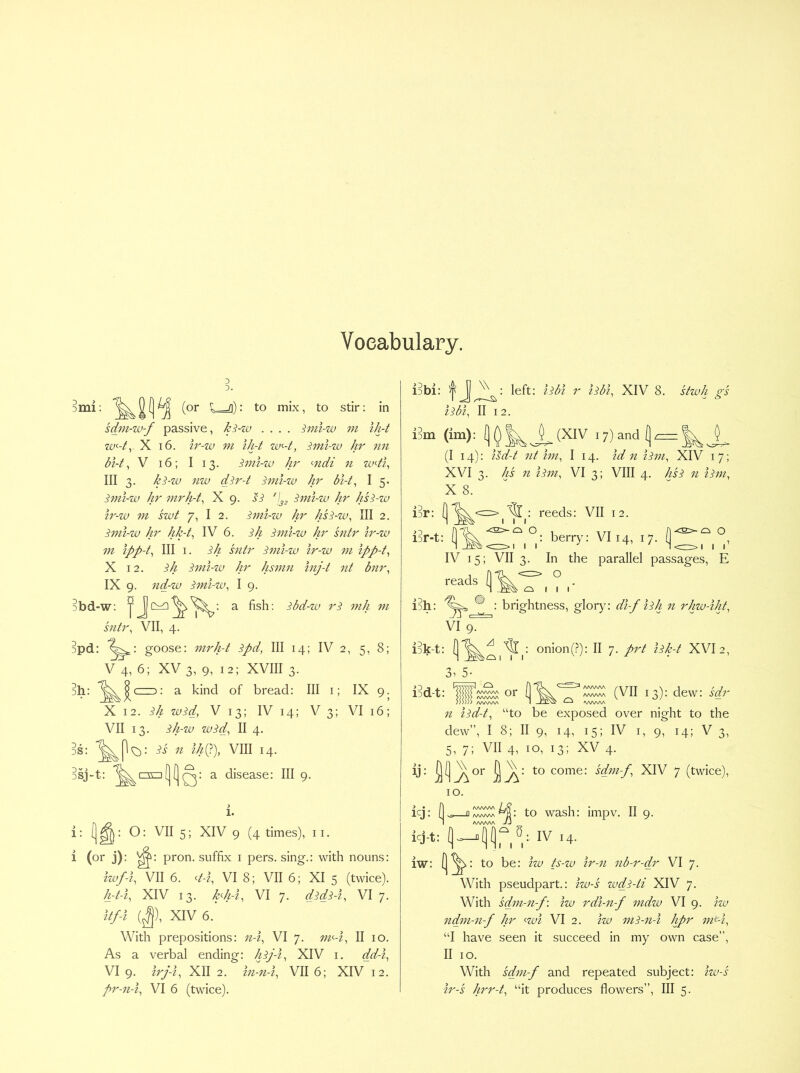 Vocabulary. 3 J. ^mi: (or L=/l)-’ to mix, to stir: in sdm-iv-f passive, ki-w .... Snii-w m ih-t w<-t^ X 16. ir-za zn ih-t w<-t, iml-w hr nn bl-t^ V i6; I 13. ^inl-w hr mdi n wdi^ III 3. k}-tv nw dir-t Snii-w hr bi-t^ I 5. inii-w hr mrh-t^ X 9. si inii-w hr hsi-w ir-w m swt 7, I 2. imi-tv hr hsi-w^ III 2. imi-w hr hk-t^ IV 6. ih Smi-zv hr sntr ir-zv m ipp-t^ III I. ih sntr izni-zv ir-zv m ipp-t^ X 12. ill imi-za Jir hsznzi inj-t nt bnr^ IX 9. nd-zv izni-za, I 9. ?bd-w; a fish: ibd-w I'i mh zn snti\ VII, 4. Dpd: Dh: ds: : goose: znrh-t 3pd, III 14; IV 2, 5, 8; V4, 6; XV 3, 9, 12; XVIII 3. a kind of bread: III i; IX 9. X 12. ih zvSd, V 13; IV 14; V 3; VI 16; VII 13. ih-zv zvid^ II 4. p^: 11 !//(.?), VIII 14. DX-J 4-. 3SJ-t. C3a [|q: a disease: III 9. > 1. i: (j^: O: VII 5; XIV 9 (4 times), ii. i (or j): pron. suffix i pers. sing.: with nouns: izvf-i^ VII 6. </-l, VI 8; VII 6; XI 5 (twice). h-t-i, XIV 13. kdi-i, VI 7. didi-i, VI 7. \tj-l (^), XIV 6. With prepositions: zz-i, VI 7. z;z<-i, II 10. As a verbal ending: hi/-i, XIV i. dd-i, VI 9. 2V/I, XII 2. m-zi-i, VII 6; XIV 12. i^bi: f left: iibi r iibi, XIV 8. stwh gs iibi, II 12. iDin (im): |] 0 (XIV 17) and (] ,c=; ^ \ (I 14): isd-t nt im, I 14. id n iim, XIV i 7; XVI 3. hs n ism, VI 3; VIII 4. hsS n iSm, X 8. ^ i^r: : reeds: VII 12. o ... AIX O , -iT-T n<2>-ci o I .• ^^^4,17-1]^, , p IV 15; VII 3. In the parallel passages, E reads ^ ■ i?h: ^ : brightness, glor}^: di-f ish n rJm-iJd, VI ^ Ek-t: onion(.?): II 7. prt isk-t XVI 2, 3. 5- Ed-t: or (VII 13): dew: sdr n isd-t, “to be exposed over night to the dew”, I 8; II 9, 14, 15; IV i, 9, 14; V 3, 5, 7; VII 4, 10, 13; XV 4. eome: sdm-f, XIV 7 (twice), 10. icj: I * > J. icj-t: iw: AAAAAA /WVAAA AAAAAA to wash: impv. II 9. ^q7,S:IV.4._ to be: izu ts-zv ir-n nb-r-dr VI 7- With pseudpart.: iw-s zvds-ti XIV 7. With sdm-n-f\ izv rdi-n-f mdzv VI 9. izv ndm-n-f hr ^zvi VI 2. izu mS-n-i hpr im-i, “I have seen it succeed in my own case”, II 10. With sdm-f and repeated subject: izv-s