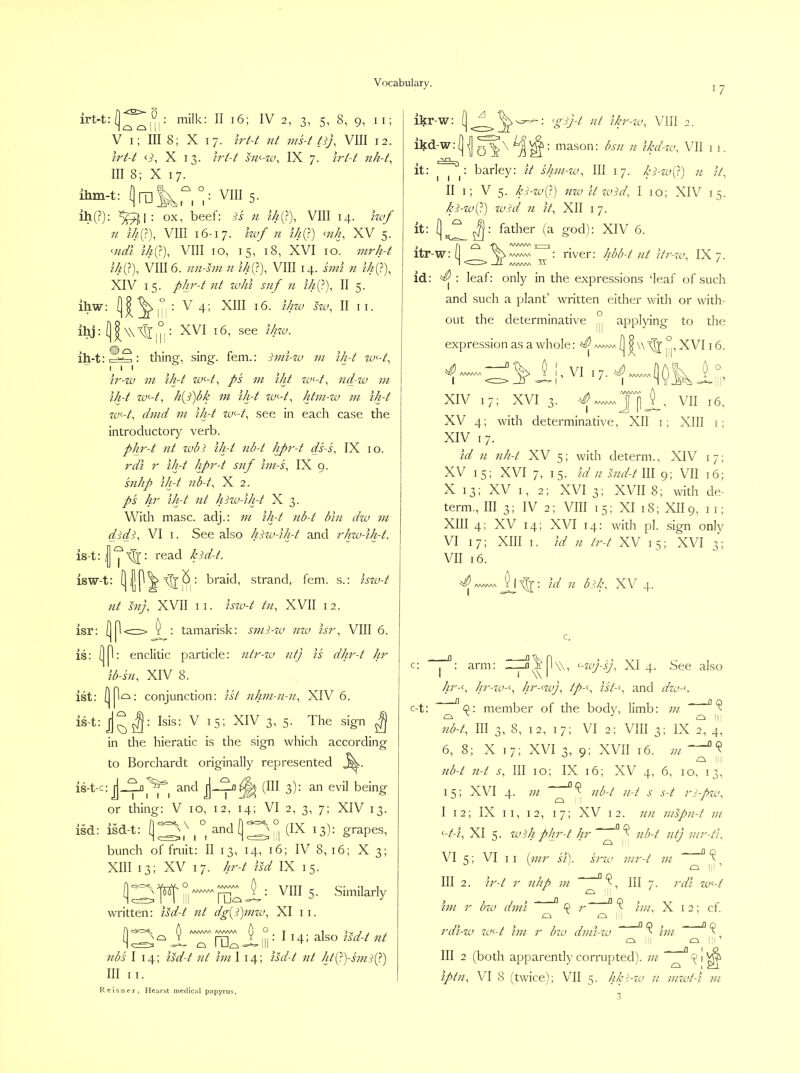 17 3. 5, 8, 9, Ii; V i; III 8; X 17. ?V7-7 nt ms-t tij^ VIII 12. h't-t <i, X 13. ?V7-7 hv-w^ IX 7. iri-t nh-t^ III 8; X 17. ihm-t: (jrali^r, r 5- ih(.^): 5^1- ox, beef: ii ^/^(?), VIII 14. Iwf n ///(?), VIII 16-17. hvf n th^) <-nh, XV 5. <-ndi VIII 10, 15, 18, XVI 10. 7m'h-t ?//(?), VIII 6. nn-sm n ih{J)^ VIII 14. hiii n 2//(.?), XIV 15. phr-t nt whi snf n ih^), II 5. ihw: ^ 4’ ^'^'1 IIii- ihj: []|\\^ ° : XVI 16, see i/iza. ih-t: 2^: thing, sing, fern.: imi<v in ih-t zc^-/, “ill ir-w 111 ih-t w-t^ ps in iht w^-t, npzv in iJi-t zu^-t, h{p)bk in ih-t zu^-t^ htin-zv in ih-t za^-t, dind 111 ih-t zu^-t, see in each case the introductoiy verb. phr-t nt zvbi ih-t nb-t hpr-t ds-s, IX 10. rdi r ih-t hpr-t snf iin-s, IX 9. snhp ih-t nb-t^ X 2. p's hr ih-t nt hizv-ih-t X 3. With masc. adj.: in ih-t nb-t bin dzu in dttdp VI I. See also hizv-ih-t and rhza-ih-t. is-t:|'^'^: read h^d-t. isw-t: braid, strand, fern, s.: iszv-t nt siij, XVII II. iszv-t til, XVII 12. isr: :ir> V : tamarisk: snii-zv nzv isr, VIII 6. is: [] P: enclitic particle: ntr-zv ntj is dhr-t hr ib-sn, XIV 8. 1^: conjunction: ist nJiin-n-n, XIV 6. Isis: V 15; XIV 3, 5. The sign | in the hieratic is the sign which according to Borchardt originally represented ist: is-t: Jl is-t-c: and (III 3): an evil being or thing: V 10, 12, 14; VI 2, 3, 7; XIV 13. isd: isd-t: and 11 I I O /TV7' \ i:i 13): grapes. bunch of fruit: II 13, 14, 16; IV 8,16; X 3; XIII 13; XV 17. hr-t isd IX 15. VIII 5. Similarly O AAAAAA Ill nn^' written: isd-t nt dgfynzu, XI ii. I 0 AAAAAS (\AAAAA 0 T 1 T t , lib's I 14; isd-t nt ini I 14; isd-t nt htf)-sinif) III II. ikr-w: ikd-w: zi \ •: gij-t nt ikr-zv, VIII 2. ^: mason: bsn n ikd-zv, VII i i. it: ^ barley: it shin-zu. III 17. ki-zuf) n it, II I; V 5. k^-zv{>) nzv it zuid, I 10; XIV 15. k^-zvf) wid 11 it, XII 17. : father (a god): XIV 6. /WWvA T I : river: Jdb-t nt itr- zv, IX 7- —/i AAAA/sA ^ id: : leaf: only in the expressions deaf of such and such a plant’ written either with or with- out the determinative ° applying to the it: itr-w: expression as a whole: ^ (]|\\^°,XVIi6. fAi’ '7- . rVWW A XIV 17; XVI 3. ^ A/i/VW\ J pi’ VII .6, XV 4; with determinative, XII 1; XIII i; XIV I 7. id 11 iiJi-t XV 5; with determ., XIV 17; XV 15; XVI 7, 15. id 11 siid-t III 9; VII 16; X 13; XV 1, 2; XVI 3; XVII 8; with de- term., Ill 3; IV 2; VIII 15; XI 18; XII 9,11; XIII 4; XV 14; XVI 14: with pl. sign only VI 17; XIII I. id 11 tr-t XV 35; XVI 3; VII 16. 5 1 ^: id 11 b^k, XV 4. c. c: “ arm: |1\\, ^-zvj-sj, XI 4. See also //r-S hr-za-^, hr-^zaj, tp-\ ist-<, and dzu-<. c-t: ^ member of the body, limb: in ' nb-t. III 3, 8, 12, 17; VI 2; VIII 3; IX 2, 4, 6, 8; X 17; XVI 3, 9; XVII 16. ;// “ nb-t n-t s. III 10; IX 16; XV 4, 6, 10, 13, I 5; XVI 4. in ° ^ nb-t n-t s s-t ri-hzv, I 12; IX II, 12, 17; XV 12. 11 n 111spn-t in <-t-i, XI 5. zvSh pJir-t hr ~^ ^ nb-t nt) vir-ti. VI 5; VI II [inr ii). srzv inr-t 111 III 2. ir-t r iihp in III 7. rdi zv^-t ^ III ‘ iiii r bzu diiii ~ ^ 9 r ° ^ ini, X i 2 ; cf. o ^ |l| rdi-zv zo<--t ini r bzv dnii-zv ^ ini ^. III III 2 (both apparently corrupted), in iptii, VI 8 (twice); VII 5. hkS-za n III inzvt-i m Rcisner, Hearst medical papyrus.