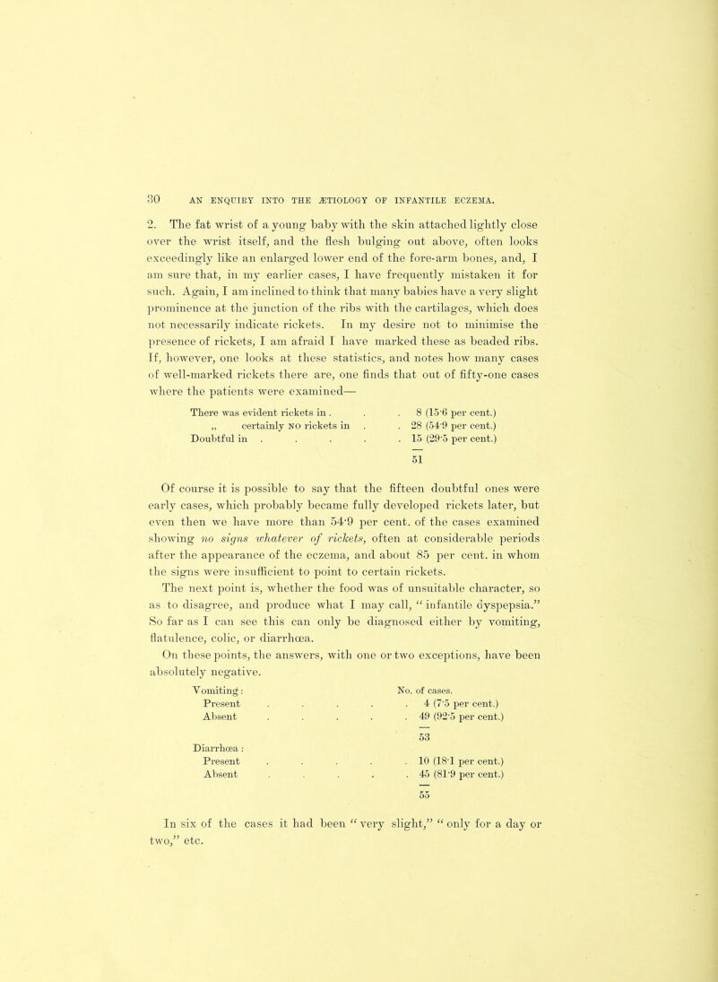 2. The fat wrist of a young baby with the skin attached lightly close over the wrist itself, and the flesh bulging out above, often looks exceedingly like an enlarged lower end of the fore-arm bones, and, I am sure that, in my earlier cases, I have frequently mistaken it for such. Again, I am inclined to think that many babies have a very slight prominence at the junction of the ribs with the cartilages, which does not necessarily indicate rickets. In my desire not to minimise the presence of rickets, I am afraid I have marked these as beaded ribs. If, however, one looks at these statistics, and notes how many cases of well-marked rickets there are, one finds that out of fifty-one cases where the patients were examined— There was evident rickets in . .8 (15'6 per cent.) „ certainly no rickets in .28 (54-9 per cent.) Doubtful in . . . . .15 (29'5 per cent.) 51 Of course it is possible to say that the fifteen doubtful ones were early cases, which probably became fully developed rickets later, but even then we have more than 54'9 per cent, of the cases examined showing no signs whatever of rickets, often at considerable periods after the appearance of the eczema, and about 85 per cent, in whom the signs were insufficient to point to certain rickets. The next point is, whether the food was of unsuitable character, so as to disagree, and produce what I may call, “ infantile dyspepsia.” So far as I can see this can only be diagnosed either by vomiting, flatulence, colic, or diarrhoea. On these points, the answers, with one or two exceptions, have been absolutely negative. Yomitinrf: No. of cases. Present . . . .4 (7'5 per cent.) Absent . . . . .49 (92'5 per cent.) 53 Diarrhoea: Present . . . . .10 (18T per cent.) Absent . . . .45 (81'9 per cent.) 55 In six of the cases it had been “ very slight,” “ only for a day or two,” etc.