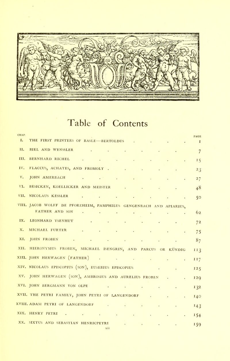 Table of Contents CHAP. I. THE FIRST PRINTERS OF BASLE BERTOLDUS . . . , II. BIEL AND WENSSLER ...... III. BERNHARD RICHEL ....... IV. FLACCUS, ACHATES, AND FROMOLT ..... V. JOHN AMERBACH ....... VI. BESICKEN, K.OELLICKER AND MEISTER .... VII. NICOLAUS KESSLER ....... VIII. JACOB WOLFF DE PFORZHEIM, PAMPHILUS GENGENBACH AND APIARIUS, FATHER AND SON ....... IX. LEONHARD YSENHUT ...... X. MICHAEL FURTER ....... XI. JOHN FROBEN ....... XII. HIERONYMUS FROBEN, MICHAEL ISENGRIN, AND PARCUS OR KUNDIG XIII. JOHN HERWAGEN (fATHEr) ...... XIV. NICOLAUS EPISCOPIUS (sON), EUSEBIUS EPISCOPIUS XV. JOHN HERWAGEN (sON), AMBROSIUS AND AURELIUS FROBEN XVI. JOHN BERGMANN VON OLPE ..... XVII. THE PETRI FAMILY, JOHN PETRI OF I^NGENDORF XVIII. ADAM PETRI OF LANGENDORF ..... XIX. HENRY PETRI ....... XX. SIXTUS AND SEBASTIAN HENRICPETRI .... xiil PAGE I 7 15 23 27 48 50 62 72 75 «7 117 125 129 132 140 143 154 159