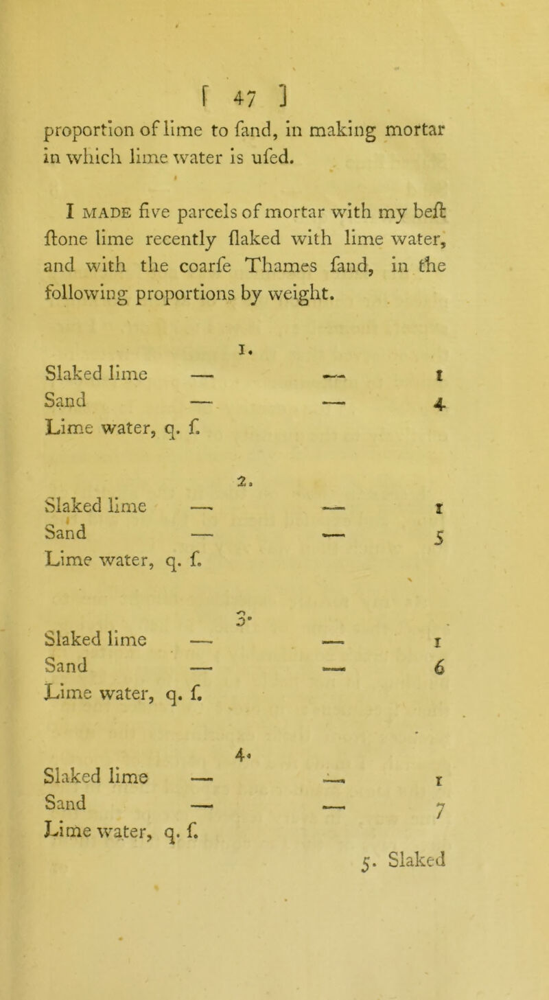 proportion offline to fand, in making mortar in which lime water is ufed. I made five parcels of mortar with my befi: ftone lime recently flaked with lime water, and with the coarfe Thames fand, in the following proportions by weight. 1. Slaked lime — Sand — Lime water, q. f. 2. Slaked lime — Sand — Lime water, q. fi Slaked lime — Sand — Lime water, q. f. Slaked lime — Sand — Lime water, q. f. t A i 5 i 6 r 7 5- Slaked