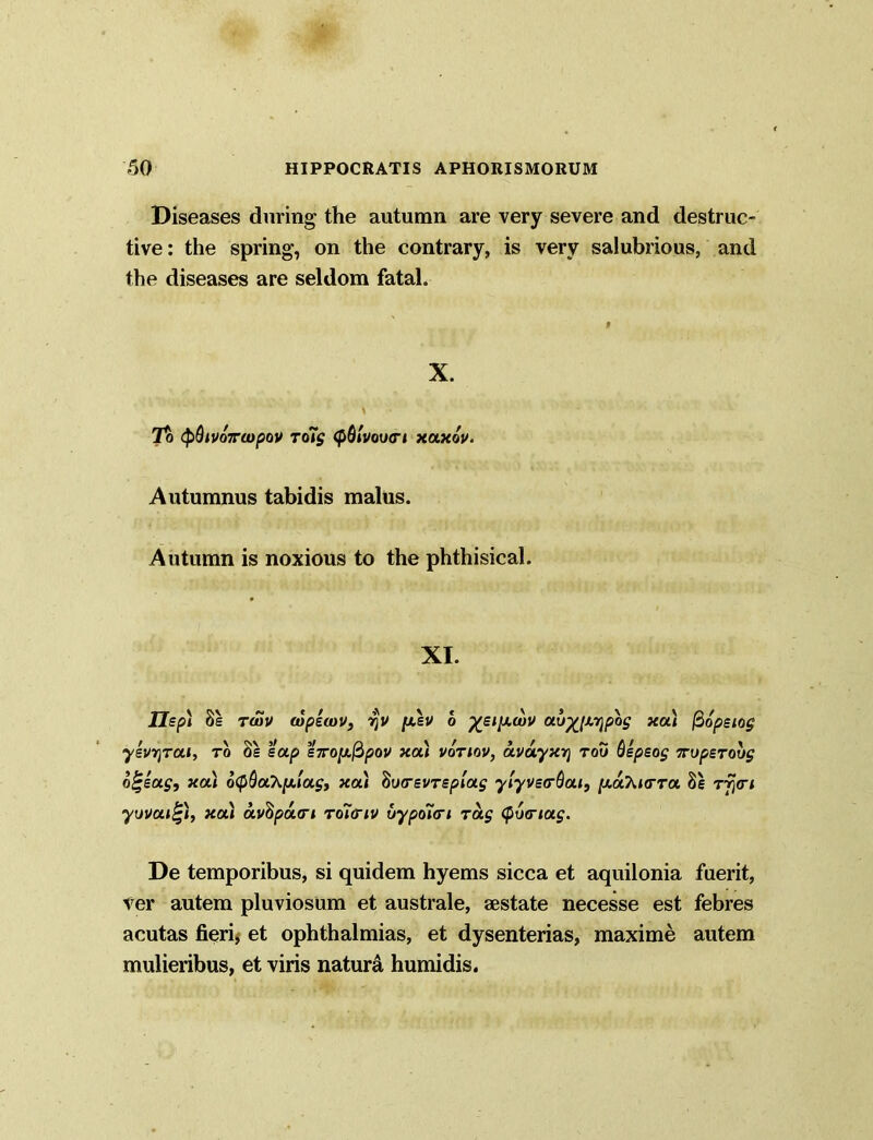 Diseases during the autumn are very severe and destruc- tive : the spring, on the contrary, is very salubrious, and the diseases are seldom fatal. X. To <pQlV07ra)p0V To7$ <pQlVOV(Tl XaXOV. Autumnus tabidis malus. Autumn is noxious to the phthisical. XI. lisp) 8s twv oopscov, yv pt.sv o xei[A(ov ab%[j.v\pog xa) fiopeiog ysvyrai, to 8s sap s7roy.fipov xa) votiov, avayxYj too Qspsog TropsTobg b^sag, xa) otySahy.iag, xa) 8otrsvTsplag yiyvs<r()at, [hahivTa 8s t^<t< yovaiQi, xa) av8pavi toUgtiv bypo7<ri rag (portag. De temporibus, si quidem hyems sicca et aquilonia fuerit, ter autem pluviosum et australe, aestate necesse est febres acutas fieri, et ophthalmias, et dysenterias, maxime autem mulieribus, et viris naturi humidis.