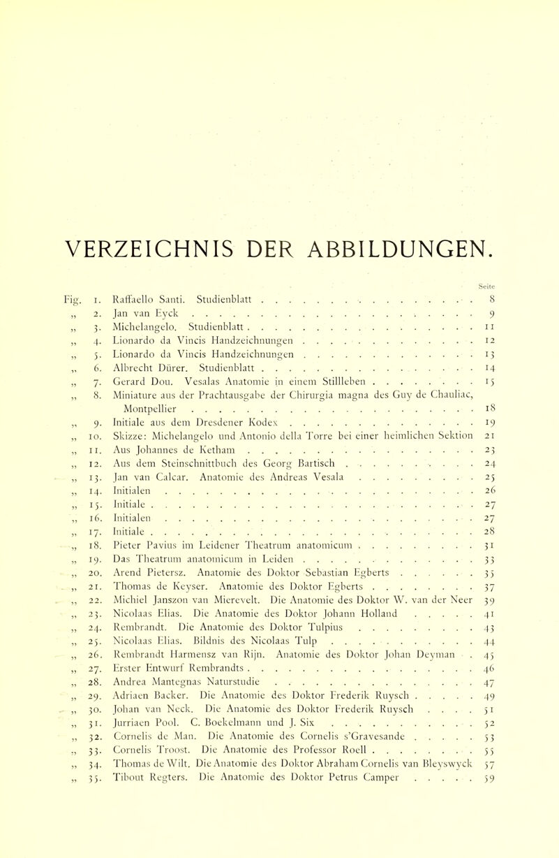 VERZEICHNIS DER ABBILDUNGEN. Fig. I. ?) — 55 3 „ 4 5 „ 6 » 7 V 9 „ 10 „ 13 „ 14 » 15 „ 16 >. 17 „ 18 » 19 „ 20 „ 21 2 2 23 » 24 „ 25 „ 26 „ 27 „ 28 » 29 „ 30 31 „ 32 •> 33 » 34 „ 35 Seite Raft'aello Santi. Studienblatt Jan van Eyck Michelangelo. Studienblatt Lionardo da Vincis Handzeichnungen Lionardo da Vincis Handzeichnungen Albrecht Dürer. Studienblatt Gerard Dou. Vesalas Anatomie in einem Stillleben Miniature aus der Prachtausgabe der Chirurgia magna des Guy de Chauliac, Montpellier Initiale aus dem Dresdener Kodex Skizze: Michelangelo und Antonio della Torre bei einer heimlichen Sektion Aus Johannes de Ketham Aus dem Steinschnittbuch des Georg Bartisch Jan van Calcar. Anatomie des Andreas Vesala Initialen Initiale Initialen Initiale Pieter Pavius im Leidener Theatrum anatomicum Das Theatrum anatomicum in Leiden Arend Pietersz. Anatomie des Doktor Sebastian Egberts Thomas de Keyser. Anatomie des Doktor Egberts Michiel Janszon van Miereveit. Die Anatomie des Doktor W. van der Neer Nicolaas Elias. Die Anatomie des Doktor Johann Holland Rembrandt. Die Anatomie des Doktor Tulpius Nicolaas Elias. Bildnis des Nicolaas Tulp Rembrandt Harmensz van Rijn. Anatomie des Doktor Johan Deyman Erster Entwurf Rembrandts Andrea Alantegnas Naturstudie Adriaen Bäcker. Die Anatomie des Doktor Frederik Ruysch Johan van Neck. Die Anatomie des Doktor Frederik Ruysch . . . . Jurriaen Pool. C. Boekelmann und J. Six Cornelis de Man. Die Anatomie des Cornelis s’Gravesande Cornelis Troost. Die Anatomie des Professor Roell Thomas de Wilt. Die Anatomie des Doktor Abraham Cornelis van Bleyswyck Tibout Regters. Die Anatomie des Doktor Petrus Camper 8 9 11 12 13 14 15 18 19 21 23 24 25 26 27 27 28 31 33 35 37 39 41 43 44 45 46 47 49 51 52 53 55 57 59