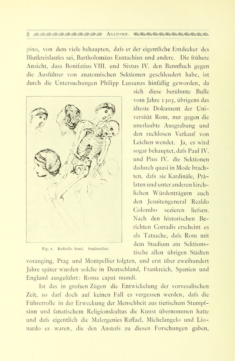 pino, von dem viele behaupten, dafs er der eigentliche Entdecker des Blutkreislaules sei, Bartholomäus Eustachius und andere. Die trübere Ansicht, dass Bonitatius VIIL und Sixtus IV. den Bannfluch gegen die Austührer von anatomischen Sektionen geschleudert habe, ist durch die Untersuchungen Philipp Eussanas hinfällig geworden, da sich diese berühmte Bulle vom Jahre 1303, übrigens das älteste Dokument der Uni- versität Rom, nur gegen die unerlaubte Ausgrabung und den ruchlosen Verkauf von Deichen wendet. Ja, es wird sogar behauptet, dals Paul IV. und Pius IV. die Sektionen dadurch quasi in Mode brach- ten, dals sie Kardinäle, Prä- laten und unter anderen kirch- lichen Würdenträgern auch den Jesuitengeneral Realdo Colombo sezieren liefsen. Nach den historischen Be- richten Corradis erscheint es als Tatsache, dafs Rom mit dem Studium am Sektions- tische allen übrigen Städten voranging, Prag und Montpellier folgten, und erst über zweihundert Jahre später wurden solche in Deutschland, Prankreich, Spanien und England ausgelührt: Roma caput mundi. Ist das in grolsen Zügen die Entwickelung der vorvesalischen Zeit, so darf doch auf keinen Fall es vergessen werden, dals die Eührerrolle in der Erweckung der Menschheit aus tierischem Stumpl- sinn und fanatischem Relimonskultus die Kunst übernommen hatte O und dafs eigentlich die Malergenies Raffael, Michelangelo und Lio- nardo es waren, die den Anstofs zu diesen Forschungen gaben. Fig. I. Raffaello Santi. Studienblatt.