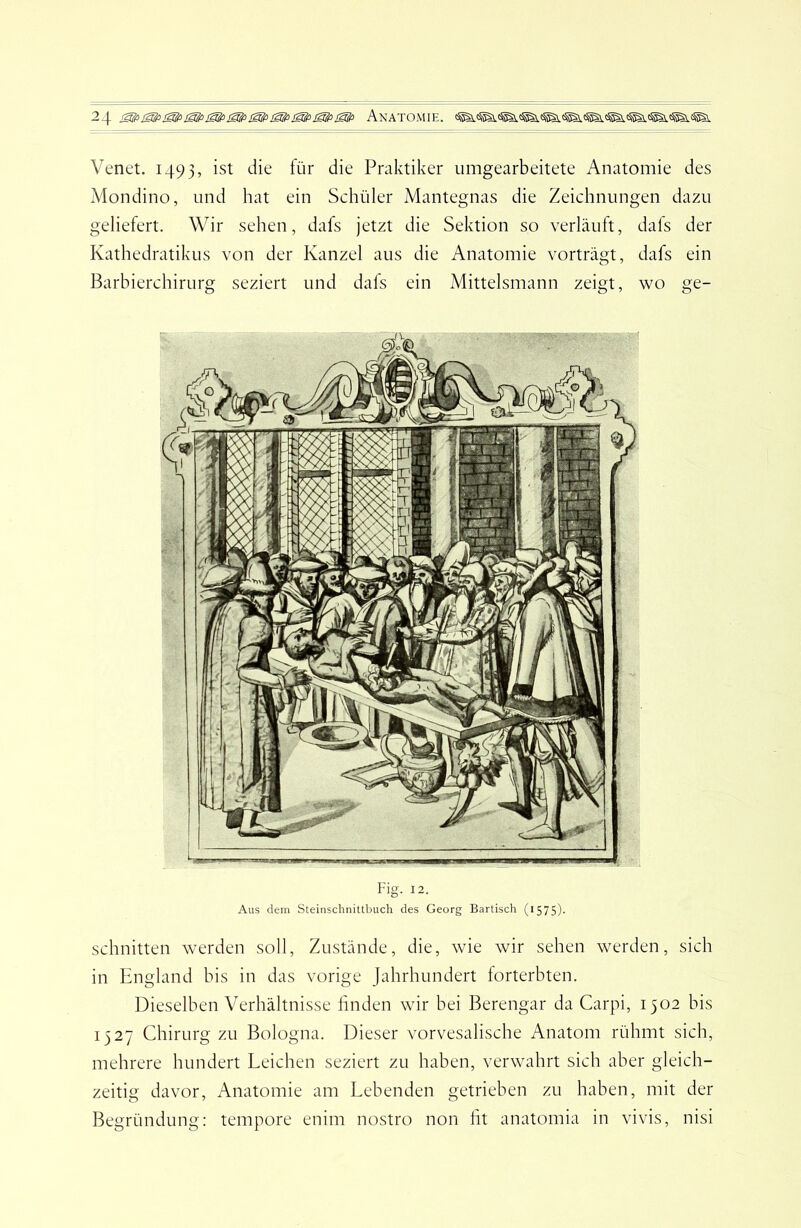 Venet. 1493, ist die für die Praktiker umgearbeitete Anatomie des Mondino, und hat ein Schiller Mantegnas die Zeichnungen dazu geliefert. Wir sehen, dafs jetzt die Sektion so verläuft, dafs der Kathedratikus von der Kanzel aus die Anatomie vorträgt, dafs ein Barbierchirurg seziert und dafs ein Mittelsmann zeigt, wo ge- Fig. 12. Aus dein Steinschnittbuch des Georg Bartisch (i57S)- schnitten werden soll, Zustände, die, wie wir sehen werden, sich in England bis in das vorige Jahrhundert lorterbten. Dieselben Verhältnisse linden wir bei Berengar da Carpi, 1502 bis 1527 Chirurg zu Bologna. Dieser vorvesalische Anatom rühmt sich, mehrere hundert Leichen seziert zu haben, verwahrt sich aber gleich- zeitig davor, Anatomie am Lebenden getrieben zu haben, mit der Begründung; tempore enim nostro non fit anatomia in vivis, nisi