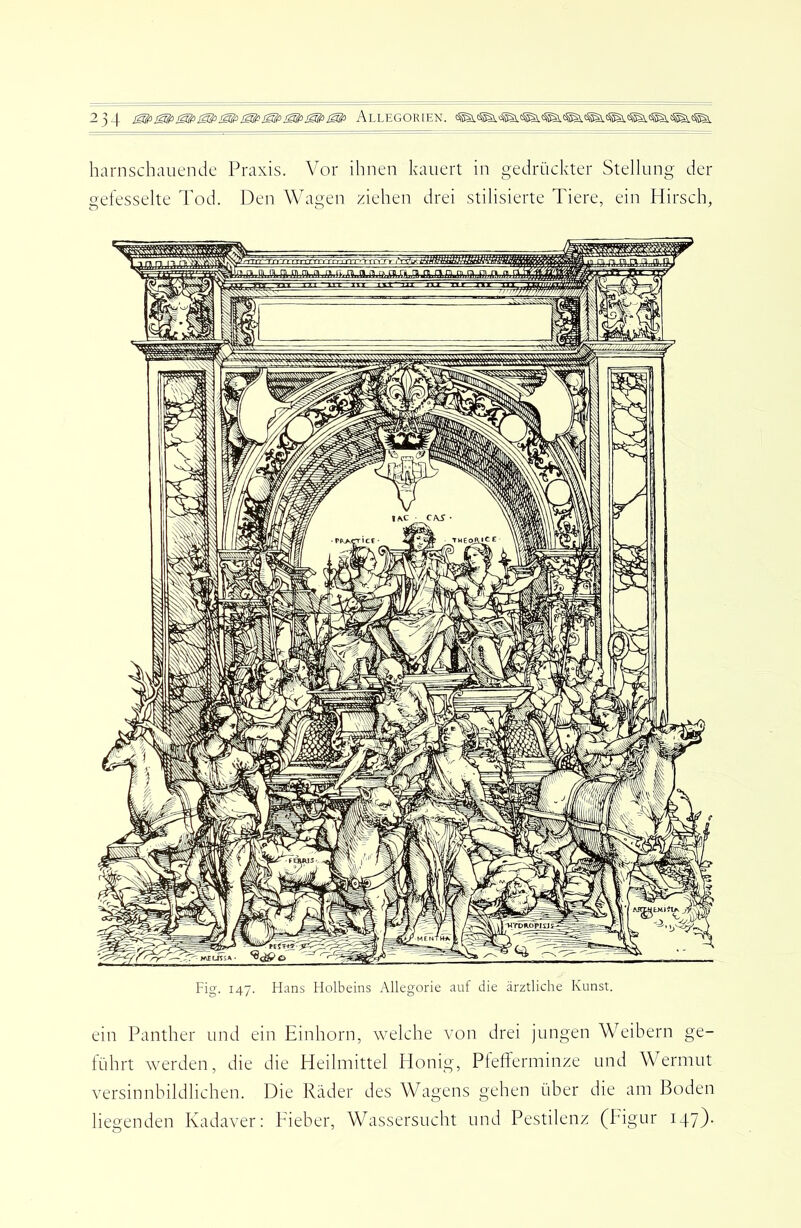 harnschaiiende Praxis. Vor ihnen kauert in gedrückter Stellung der gefesselte Tod. Den Wagen ziehen drei stilisierte Tiere, ein Hirsch, Fig. 147. Hans Holbeins Allegorie auf die ärztliche Kunst. ein Panther und ein Einhorn, welche von drei jungen Weibern ge- führt werden, die die Heilmittel Honig, Pfefferminze und Wermut versinnbildlichen. Die Räder des Wagens gehen über die am Boden liegenden Kadaver; Fieber, Wassersucht und Pestilenz (Figur 147)-