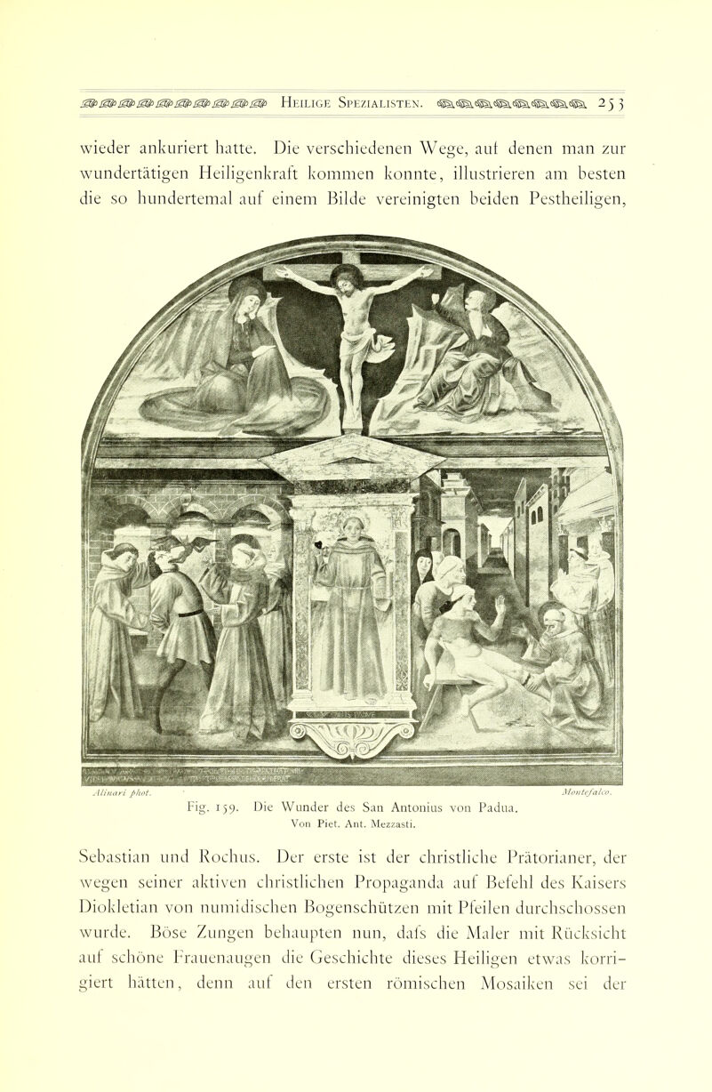 Heilige Spezialisten. 2^3 wieder ankiiriert hatte. Die verschiedenen Wege, aut denen man zur wundertätigen Heiligenkraft kommen konnte, illustrieren am besten die so hundertemal aul einem Bilde vereinigten beiden Pestheiligen, Fig. 159. Die Wunder des San Antonius von Padua. Von Piet. Ant. Mezzasti. Sebastian und Rochus. Der erste ist der christliche Prätorianer, der wegen seiner aktiven christlichen Propaganda auf Befehl des Kaisers Diokletian von numidischen Bogenschützen mit Pfeilen durchschossen wurde. Böse Zungen behaupten nun, dafs die xMaler mit Rücksicht aut schöne Frauenaugen die Geschichte dieses Fleiligen etwas ke^rri- giert hätten, denn aut den ersten römischen Mosaiken sei der