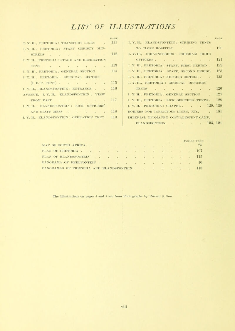 PAGK I. Y. H., PRETORIA: TRANSPORT LINES . Ill I. Y. H., PRETORIA: STAFF CHRISTY MIN- STRELS 112 I. Y. H., PRETORIA : STAGE AND RECREATION TENT .113 I. Y. H., PRETORIA : GENERAL SECTION . 11-1 I. Y. H., PRETORIA : SURGICAL SECTION (i. E. P. tent) 115 I. Y. H., ELANDSFONTEIN : ENTRANCE . . 11G AVENUE, I. Y. H., ELANDSFONTEIN : VIEW FROM EAST 117 I. Y. II., ELANDSFONTEIN : SICK OFFICERS’ AND STAFF MESS 118 I. Y. H., ELANDSFONTEIN : OPERATION TENT 11!J PAGE I. Y. H., ELANDSFONTEIN: STRIKING TENTS TO CLOSE HOSPITAL . . . . 121) I. Y. H., JOHANNESBURG : CHESHAM HOME OFFICERS 121 I. Y. H., PRETORIA : STAFF, FIRST PERIOD . 122 I. Y. H., PRETORIA: STAFF, SECOND PERIOD 123 I. Y. H., PRETORIA : NURSING SISTERS . . 125 I. Y. H., PRETORIA : MEDICAL OFFICERS’ TENTS 120 I. Y. H., PRETORIA : GENERAL SECTION . 127 I. Y. H., PRETORIA : SICK OFFICERS’ TENTS . 128 I. Y. H., PRETORIA : CHAPEL . . . 129, 130 BOILERS FOR INFECTIOUS LINEN, ETC. . 181 IMPERIAL YEOMANRY CONVALESCENT CAMP, ELANDSFONTEIN .... 193, 194 MAP OF SOUTH AFRICA PLAN OF PRETORIA PLAN OF ELANDSFONTEIN . . . . . PANORAMA OF DEELFONTEIN PANORAMAS OF PRETORIA AND ELANDSFONTEIN . Facing pagk 25 . 107 . 115 10 113 The Illustrations on pages 1 and 5 are from Photographs by Russell & Son.