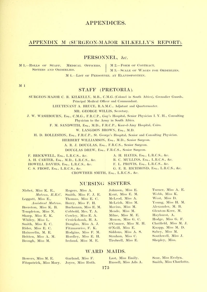 APPENDIX M (SURGEON-MAJOR KILKELLY’S REPORT). JVI 1.—Rolls op Staff, Medical Sisters and Orderlies. PERSONNEL, &c. Officers, M 2.—Form of M 3.—Scale of Contract. Wages for Orderlies. M 4.—List of Personnel at Elandsfontein. M 1 STAFF (PRETORIA). SURGEON-MAJOR C. R. KILKELLY, M.B., C.M.G. (Colonel in South Africa), Grenadier Guards, Principal Medical Officer and Commandant. LIEUTENANT A. BRUCE, R.A.M.C., Adjutant and Quartermaster. MR. GEORGE WILLIS, Secretary. J. W. WASHBOURN, Esq., C.M.G., F.R.C.P., Guy’s Hospital, Senior Physician I. Y. H., Consulting Physician to the Army in South Africa. F. M. SAND WITH, Esu., M.D., F.R.C.P., Kasr-el-Ainy Hospital, Cairo. W. LANGDON BROWN, Esu., M.D. IT. D. ROLLESTON, Esq., F.R.C.P., St. George's Hospital, Senior and Consulting Physician. HERBERT WILLIAMSON, Esq., M.D., Senior Surgeon. A. R. J. DOUGLAS, Esq., F.R.C.S., Senior Surgeon. DOUGLAS DREW, Esq., F.R.C.S., Senior Surgeon. F. BRIC’KWELL, Esq., L.R.C.S., &c. A. FI. CARTER, Esq., M.D., L.R.C.S., &c. HOWELL DAVIES, Esq., L.R.C.S., &c. C. S. FROST, Esq., L.R.C.S., &c. CROWTHER SMIT A. FI. HAYES, Esq., L.R.C.S., &c. R. C. MULLINS, Esq., L.R.C.S., &c. F. L. PROVIS, Esq., L.R.C.S., &c. G. E. R. RICHMOND, Esq., L.R.C.S., &c. , Esq., L.R.C.S., &c. Nisbet, Miss K. E., Matron, R.R.C. Leggatt, Miss E., Assistant Matron. Brereton, Miss K. B. Templeton, Miss N. Sharp, Miss E. K. Whiley, Miss L. Smith, Miss E. C. Rider, Miss E. C. Hainsselin, M. E. Britten, Miss A. M. Brough, Miss M. Bowers, Miss M. E. Fitzpatrick, Miss Mary. NURSING Rogers, Miss A. Smith, Miss F. .T. E. Thomas, Miss E. C. Barry, Miss F. H. Buchanan, Miss E. M. Cobbold, Mrs. T. A. Cowley, Miss E. A. Cruickshank, H. A. Douglas, Miss A. J. Fitzmaurice, F. K. Hodgins, Miss F. M. Hordley, Miss E. H. Ireland, Miss M. E. WARD Garland, Miss F. Joyce, Miss Ruth. SISTERS. Johnson, Miss E. Kent, Miss E. M. McLeod, Miss A. McLeish, Miss M. Mavius, Miss M. Meade, Miss M. Milne, Miss M. E. Moxon, Miss G. C. O’Conner, Miss M. FI. O’Neill, Miss E. Siddons, Miss A. S. Strahan, Miss C. Timbrell, Miss E. MAIDS. Last, Miss Emily. Russell, Miss Ada A, Turner, Miss A. E. Webb, Miss K. West, Miss D. Young, Miss H. M. Alexander, M. B. Glenton-Kerr, M. Hayhurst, A. Hodge, Miss G. F. Chatfield, Miss M. J. Knapp, Miss M. I). Sabey, Miss M. Southwell, Miss J. Sliepley, Miss. Sear, Miss Evelyn. Smith, Miss Charlotte,