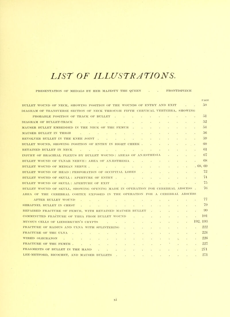 Lisr OF ILLUSTRATIONS. PRESENTATION OF MEDALS BY HER MAJESTY THE QUEEN . . FRONTISPIECE BULLET WOUND OP NECK, SHOWING POSITION OF THE WOUNDS OF ENTRY’ AND EXIT DIAGRAM OF TRANSVERSE SECTION OF NECK THROUGH FIFTH CERVICAL VERTEBRA, SHOWING PROBABLE POSITION OF TRACK OF BULLET DIAGRAM OF BULLET-TRACK MAUSER BULLET EMBEDDED IN THE NECK OF THE FEMUR MAUSER BULLET IN THIGH REY’OLVER BULLET IN THE KNEE JOINT BULLET WOUND, SHOWING POSITION OF ENTRY IN RIGHT CHEEK RETAINED BULLET IN NECK INJURY OF BRACHIAL PLEXUS BY' BULLET WOUND : AREAS OF ANHSTHESIA .... BULLET WOUND OF ULNAR NERVE: ARE.V OF .VN.ESTHESIA BULLET AVOUND OF MEDIAN NERVE OS, BULLET WOUND OF HEAD : PERFORATION OF OCCTPIT.VL LOBES BULLET WOUND OF SKULL : APERTURE OF' ENTRY' BULLET WOUND OF SKULL : APERTURE OF EXIT BULLET WOUND OF' SKULL, SHOWING OPENING M.ADE IN OPER.ATION F'OR CERFIBRAL ABSCFISS . •AREA OF' THE CEREBRAL CORTFIX F'.XPOSEI) IN THE OPER.ATION FOR A CEREBR.AL .ABSCESS AFTER BULLET' AVOUNI) . SHRAPNEL BULLET IN CHFIST REPAIRED F'RACTURE OF F'EAIUR, AATTH RET.AINED AI.AUSER BULLET COMMINUTED FRACTURFI OF' TIBl.A FROJt BULLET AVOUND MUCOUS CELLS OF LIEBERKUHN’S CRA'PTS 102, F'R.ACTURE OP RADIUS AND ULN.A AA'ITH SPLINTERING FRACTURE OF THE ULNA AVIRED OLECRANON . . FRACTURE OP THE FEMUR ' . . . FR.AGMENTS OF BULLET IN THE HAND LEE-METPORD, RICOCHET, .AND M.AUSER BULLETS CAGE .51) 51 52 51 5(i .5!) (id ()1 ()7 (is , (J!) 72 71 75 7(i 77 7!) !)!) 101 198 222 221 22() 227 271 271