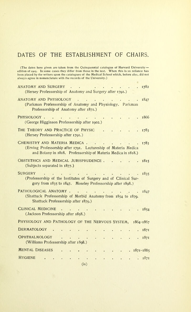 DATES OF THE ESTABLISHMENT OF CHAIRS. (The dates here given are taken from the Quinquennial catalogue of Harvard University — edition of 1905. In some cases they differ from those in the text. When this is so reliance has been placed by the writers upon the catalogues of the Medical School which, before 1871, did not always agree in nomenclature with the records of the University.) Anatomy and Surgery . . 1782 (Hersey Professorship of Anatomy and Surgery after 1791.) Anatomy and Physiology 1847 (Parkman Professorship of Anatomy and Physiology. Parkman Professorship of Anatomy after 1871.) PHYSIOLOGY 1866 (George Higginson Professorship after 1902.) THE THEORY AND PRACTICE OF PHYSIC 1783 (Hersey Professorship after 1791.) Chemistry and materia Medica 1783 (Erving Professorship after 1791. Lectureship of Materia Medica and Botany in 1818. Professorship of Materia Medica in 1818.) OBSTETRICS AND MEDICAL JURISPRUDENCE 1815 (Subjects separated in 1877.) Surgery 1835 (Professorship of the Institutes of Surgery and of Clinical Sur- gery from 1835 to 1847. Moseley Professorship after 1898.) PATHOLOGICAL ANATOMY 1847 (Shattuck Professorship of Morbid Anatomy from 1854 to 1879. Shattuck Professorship after 1879.) Clinical Medicine 1854 (Jackson Professorship after 1858.) Physiology and pathology of the nervous system, 1864-1867 Dermatology 1871 Ophthalmology 1871 (Williams Professorship after i8g8.) Mental Diseases 1871-1885 Hygiene 1871