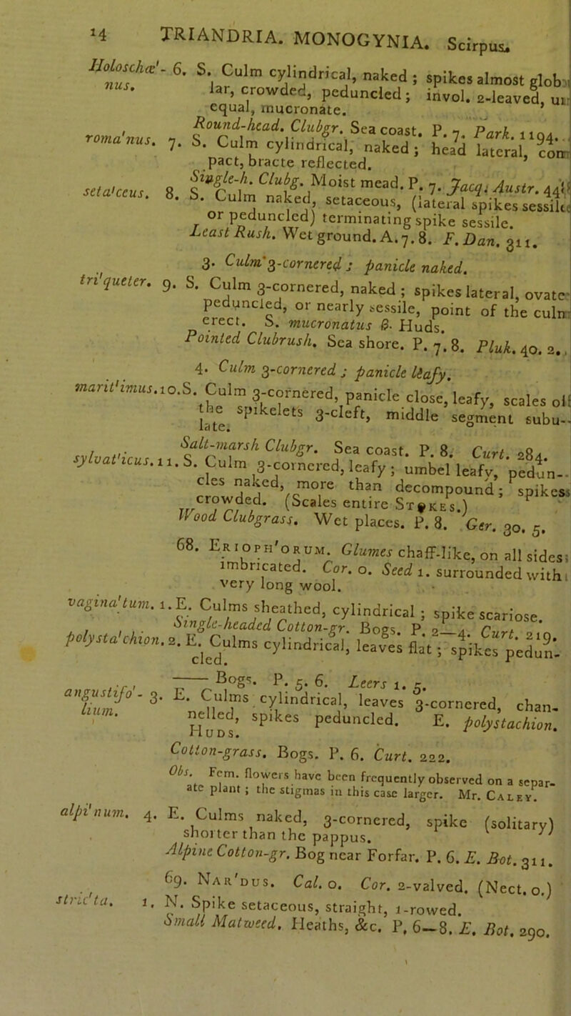 Holoschce! nus TRIANDRIA. MONOGYNIA. Scirpus* roma'nus. tri'queler. g. 6. S. Culm cylindrical, naked; spikes almost Rlob lar, crowded, peduncled ; invol. 2-leaved, ui equal, mucronate. * R°und-hcad. Clubgr. Sea coast. P. 7. Park. 1104. 7. S. Culm cylindrical, naked; head lateral, con pact, bracte reflected. seta'ccus 8 jM°ist mead* P* 7- Austr. 441 8* S‘ a*i> ^taceous, (lateral spikes sessilt or peduncled) terminating spike sessile. Least Rush. \\ ct ground. A. 7.8. F.Dan. 311. 3. Culm g-comered : panicle naked. S. Culm 3-cornered, naked ; spikes lateral, ovate Tretr S ’ °r nCarly SeSS'le’ P°int of the culn erect, b. mucronatus 6- Huds. ointed Clubrush. Seashore. P. 7.8. Pluk. 4o. 2., 4* Culm 3-cornered • panicle liajy. mant'imus.io.S Culm 3-cornered, panicle close, leafy, scales ol tb^spikelets 3-deft, middle segment subu- Salt-viarsh Clubgr. Sea coast. P. 8. Curt. 284. ‘ ^ulm ,3-corncrcd, leafy; umbel leafv, pedun- cles naked more than decompound; spikes -™ded' (Scales entire Stakes.) ? Wood Clubgr ass. Wet places. P. 8. Ger. 30. 5. 68. Er.oph'orum Glumes chaff-like, on all sides; imbricated. Cor. o. Seed 1. surrounded with very long wool. vagina'tuM. Culm. «k«.lhed, cylindrical , spike scariose. . . Singh-headed Cotton-vr Bous p 0 * r . poysta chion.2. E. Culms cylindrical, leaves flat; spikes pedin’- P. 5. 6. Zeerr r. sylvat'icus. 1 anguslijo'- 3 lium. E. Culms cylindrical, leaves ^’-cornered, chan nelled, spikes peduncled. E. polystachior ilUDS. Cotton-grass. Bogs. P. 6. Curt. 222. Fern, flowers have been frequently observed on a separ ate plant ; the stigmas in this case larger. Mr. Caley. alpi'»um. 4. E. Culms naked, 3-cor„e,cd, spike (solitary shoi ter than the pappus. Alpme Cotton-gr. Bog near Forfar. P. 6. E. Bot. 311 69. Nar'dus. Cal. o. Cor. 2-valved, (Nect. o.’ stripta, 1, N. Spike setaceous, straight, i-rowed. Small Matweed. Heaths, &c. P, 6-8. £. Bot. 290.