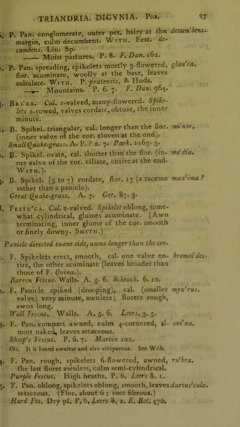P, Pan. conglomerate, outer pet. hairy at the decumbens. margin, culm decumbent. With. l*est. de- cumbens. Lin. Sp. c — Moist pastures. P. 8. F.Dan. 102. p. Pan. spreading, spikelets mostly 3-flowered, glau'ca. flor. acuminate, woolly at the base, leaves subulate. With. P.pratensis. 0. Huds. r Mountains. P. 6. 7. F. Dan. 964. 1. Bri'za. Cal. 2-valved, many-flowered. Spike- lets 2-rowed, valves cordate, obtuse, the inner minute. , B. Spikel. triangular, cal. longer than the flor. minor. (inner valve of the cor. cloven at the end). Small Quake-grass. A. P. ? 2. 7. Park. 1165. 5. -. B. Spikel. ovate, cal. shorter than the flor. (in- me'etia. ner valve of the cor. ciliate, entire at the end. With.). 5. B. Spikel. (5 to 7) cordate, flor. 17 (a raceme max'ima ? rather than a panicle). Great Quake-grass. A. 7. Ger. 87. 3. 1. Festu'ca. Cal. 2-valved. Spikelet oblong, some- what cylindrical, glumes acuminate. (Awn terminating, inner glume of the cor. smooth or finely downy. Smith.) Panicle directed taone side, awns longer than the cor. l. F. Spikelets erect, smooth, cal. one valve en- bromoi'des• tire, the other acuminate (leaves broader than those of F. Ovina.). Barren Fescue. Walls. A. 5. 6. Scheuch. 6. to. >. F. Panicle spiked (drooping), cal. (smaller myu'rus. valve) very minute, awnless ; florets rough, awns long. Wall Fescue. Walls. A. 5. 6. Leers. 3. 5. ]. F. Pan. compact awned, culm 4-cornered, 9I- uvi'na. most naked, leaves setaceous. Sheep’s Fescue. P. 6.7. Martin 102. Obs. It is found awnless and also viviparous. See With. F. Pan. rough, spikelets 6-flowcred, awned, ru'bra. the last floret awnless, culm semi-cylindrical. Purple Fescue. High heaths. P. 6. Leers 8. 1. 5. F. Pan. oblong, spikelets oblong, smooth, leaves durius'cula. setaceous. (Flor. about G ; root fibrous.) Hard Fes. Dry pi. P. 6, Leers 8. 2. E. Hot. 470.