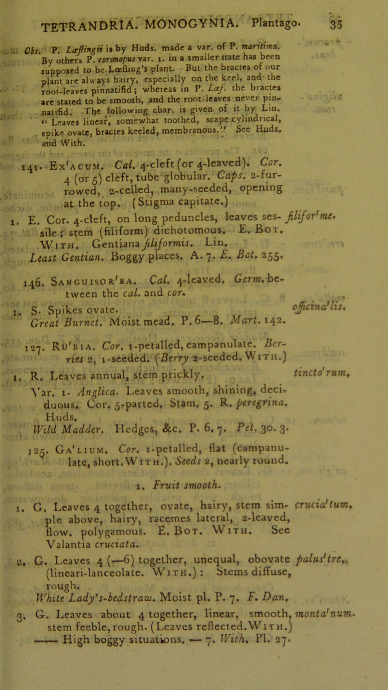 Oh. P. LufingH is by Huds. made a var. of P. maritime. Bv other:. P. coTonopusvar. 1. in a smaller state has been supposed to be Lee fling’s plant. But the bractes of our plant are always hairy, especially on the keel, and the root-leaves pinnatifid ; whereas in P. LctJ. the bractes are stated to be smooth, and the root.leaves never pin. natifid. The following char, is given of it by Lin. (■ Leaves linear, somewhat toothed, scape cylindrical, spike ovate, bractes keeled, membranous.” See Huds. and With. 141. Ex'acum. Cal. 4-cleft (or 4-leaved). Cor. 4 (or 5) cleft, tube globular. Caps. 2-fur- rowed, 2-celled, many-seeded, opening at the top. (Stigma capitate.) j. E. Cor. 4-cleft, on long peduncles, leaves ses- filijor'mt. sile; stem (filiform) dichotomous. E. Bot. With. Gentium Jiliformis. Lin. Least Gentian. Boggy places. A. 7. E. Bot. 255. 146. Sa ngu iso r'ba. Cal. 4-leaved, Germ, be- tween the cal. and cor. j. S* Spikes ovate. oJfUina! lis. Great Burnet. Moist mead. P.6—8. Mart. 142. 127. Ru'bia. Cor. l-petalled, campanulate. Ber- ries 2, i-seeded. (Berry 2-seeded, With.) j. R. Leaves annual, stem prickly, tincto rum, Var. 1. Anglica. Leaves smooth, shining, deci- duous. Cor. 5-parted, Stam, 5. R. peregrma. Huds. mid Madder. Hedges, &c. P. 6. 7. Pet. 30. 3. 125. Ga'lium. Cor. i-petallcd, flat (campanu- latc, short.With.). Seeds 2, nearly round. 1. Fruit smooth. 1. G. Leaves 4 together, ovate, hairy, stem sim- crucia'tum, pie above, hairy, racemes lateral, 2-leaved, flow, polygamous. E. Bot. With. See Valantia cruciata. 2. G. Leaves 4 (—6) together, unequal, obovate palus'tre,, (lineari-lanceolate. With.): Stems diffuse, rough. White Lady’s-bcdsfraui. Moist pi. P. 7. F. Dan. 3. G. Leaves about 4 together, linear, smooth, monta'num. stem feeble,rough. (Leaves reflected.With.) —— High boggy situations. 7. With. PI. 27.