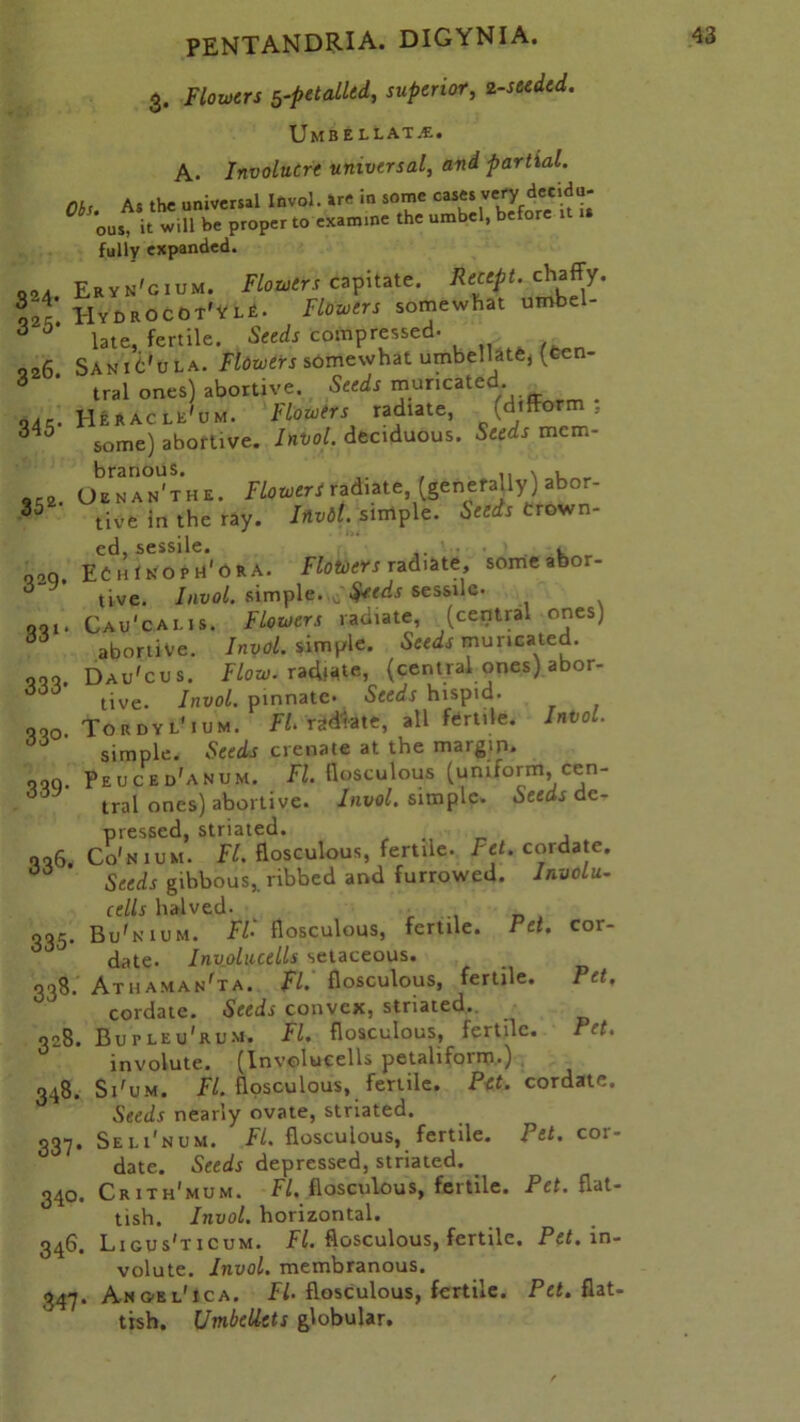 S24 325 345- 3. Flowers Retailed, superior, 2-seeded. Umbellate. A. Involucre universal, and partial. Obs. As the universal Invol. are in some casesverydec.du- ous, it will be proper to examine the umbel, before it fully expanded. Eryn'gium. Flowers capitate. Recept. chaffy. l-hDROCbT'nt. Flowers somewhat umbel- late, fertile. Seeds compressed- 0*6 Sani6'ula. Flowers somewhat umbellate, (cen- tral ones) abortive. Seeds muricated. _ Heracle'um. Flowers radiate, (drfform , some) abortive. Iniol. deciduous. Seeds mcm- ,,2. UeTan'the. Flowers radiate, (generally) abor- 85 tive in the ray. Mbt. simple. Seeds Crown- EChInopu'ora. Flotoers radiate, someabor- tive. Invol. simple.,c $etds sessile- Cau'cams. Flowers radiate, (central ones) abortive. Invol. simple. Seeds muricated. Dau'cus. Flow, radiate, (central ones) abor- tive. Invol. pinnate- Seeds hispid- Tordyl'ium. FI- radiate, all fertile. Mol. simple. Seeds crenate at the margin. Peuced'anum. FI. flosculous (uniform, cen- tral ones) abortive. Invol. simple. Seeds de- pressed, striated. ^ Co'nium- FI. flosculous, fertile. Fet. cordate. Seeds gibbous,, ribbed and furrowed. Involu- cells halved. r _ 1 Bu'nium. FI- flosculous, fertile. Pet. cor- date. Involucells setaceous. 338. Athaman'ta. FI. flosculous, fertile. Pet, cordate. Seeds convex, striated., Bupleu'rum. FL flosculous, fertile. Pet* involute. (Involucells petalifoim.) Si'um. FI. flosculous, fertile. Pet. cordate. Seeds nearly ovate, striated. Seli'num. FI. flosculous, fertile. Pet. coi- date. Seeds depressed, striated. Cr ith'mum. FI, flosculous, feitile. Pet. flat- tish. Invol. horizontal. Ligus'ticum. FI. flosculous, fertile. Pet. in- volute. Invol. membranous. Ang-el'ica. FI. flosculous, fertile. Pet. flat- tish. Umbellcts globular. 329* 331* 333- 330, 339- 336- 335- 328. 348- 337- 34°. 346- 347*