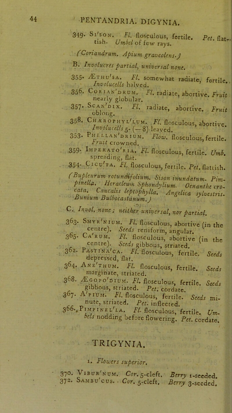 349- Si'SoN FL flosculous, fertile. pet. flat.. tish. Umbel of few rays (Coriandrum. Apium gravcolens.J B. Involucres partial, universal none. 355- Mthv'sa. FI. somewhat radiate, fertile., Involucells halved. 356. Cor iak'drum. FI. radiate, abortive. Fruit nearly globular. 357. Scar'd ix. FI. radiate, abortive. Fruit oblong. 358. Cmrophyl'lum. FI. flosculous, abortive. Involucells 5- (-8) leaved. 353. Phei-lan'drtum. Flow, flosculous, fertile. Iruit ciowned, 359. Imperato'r ia. FI. flosculous, fertile. Umb. spreading, flat. 354- Cicu'ta. FI. flosculous, fertile. Pet. flattish. (BupUurum rotundifolium. Sison inundatum. Pirn- pmella Hcracleum Sphondylium. Oenanthe cro- cata. Caucahs leptophylla. Angelica sylvestns. minium Bulbocastanum.J • *) C. Invol. none; neither universal, nor partial. 363. Smyr'kium. FL. flosculous, abortive fin the • c centre). Seeds reniform, angular. 365. Ca rum. FI. flosculous, abortive fin the centre). Seeds gibbous, striated. 362. Past in a'ca. /'/.flosculous, fertile. Seeds depressed, flat. 364. Ane'thum. FI. flosculous, fertile. Seeds inarginate, striated. 368. A£gopo'dium. FI. flosculous, fertile. Seeds gibbous, striated. Pet; cordate. 367. Apium. FI. flosculous, fertile. Seeds mi- nr — nute, striated. Pet. inflected. 366.,Pimpinel)ea. FL flosculous, fertile. Um- bels nodding oefore flowering. Pet. cordate. trigynia. 1. Flowers superior. 370. Vibur'num. Cor. 5-cleft. Berry l-seeded. 372. Sambu cus. Cor. 5-cleft. Berry 3-seedcd.