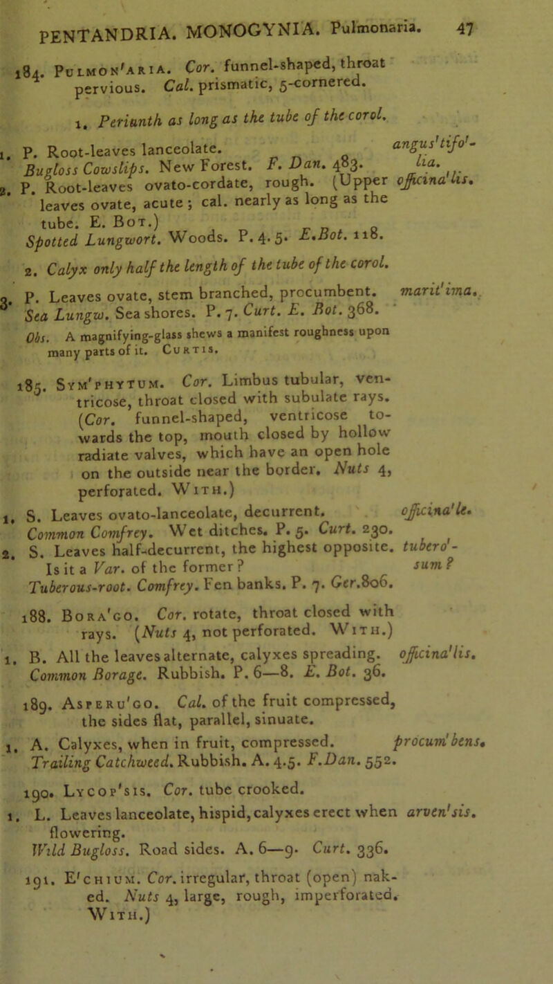 184. Pulmon'aria. Cor. funnel-shaped, throat pervious. Cal. prismatic, g-cornered. u Perianth as long as the tube ofthecorol. ?. Root-leaves lanceolate. angus'tifo'- Bugloss Cowslips. New Forest. F. Dan. 483. ha. P Root-leaves ovato-cordate, rough. (Upper oJiCtna hs. ‘ leaves ovate, acute ; cal. nearly as long as the tube. E. Bot.) Spotted Lungwort. Woods. P.4-5* L.Bot. 110. 2. Calyx only half the length of the tube of the corol. P. Leaves ovate, stem branched, procumbent. marit'ima. Sea Lungw. Sea shores. P. 7. Curt. E. Bot. 368. Obs. A magnifying-glass shews a manifest roughness upon many parts of it. Curtis, 185. Sym'phytum. Cor. Limbus tubular, ven- tricose, throat closed with subulate rays. [Cor. funnel-shaped, ventricose to- wards the top, mouth closed by hollow radiate valves, which have an open hole on the outside near the border. Nuts 4, perforated. With.) S. Leaves ovato-lanceolate, decurrent.^ ofpcina le. Common Comfrey. Wet ditches. P. 5. Curt. 230. S. Leaves half-decurrent, the highest opposite, tubero - Is it a Var. of the former ? ^ sum ? Tuberous-root. Comfrey. l*en banks. P. Get.800. 188. Bora'go. Cor. rotate, throat closed with rays. [Nuts 4, not perforated. With.) B. All the leaves alternate, calyxes spreading, ojicina'lis. Common Borage. Rubbish. P. 6—8. E. Bot. 36. 189. Asr eru'go. Cal. of the fruit compressed, the sides flat, parallel, sinuate. A. Calyxes, when in fruit, compressed. procum!bens. Trailing Catchweed. Rubbish. A. 4.5. h .Dan. 552. 190. Lycop'sis. Cor. tube crooked. L. Leaves lanceolate, hispid, calyxes erect when arven'sis. flowering. Wild Bugloss. Road sides. A. 6—9. Curt. 336. 191. E'chium. Cor. irregular, throat (open) nak- ed. Nuts 4, large, rough, imperforated. With.)
