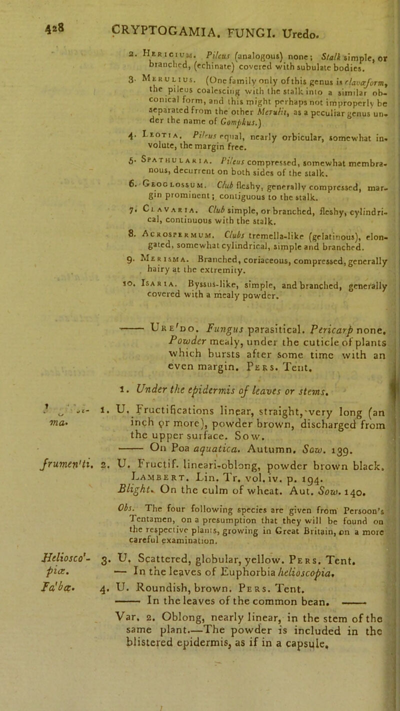 2. Hir icion. Pileus (analogous) none; Stalk simple, or branched, (echinate) covered with subulate bodies. 3. Merulius. (One family only of this genus is rlavcejorm, the pileus coalescing with the stalk into a similar ob- conical form, and this might perhaps not improperly be separated from the other Mertt/it, as a peculiar genus un. der the name of Gomplius.) 4. Leotia, Pileus equal, nearly orbicular, somewhat in. volute, the margin free. 5. Spathu t, ar 1 a. />f/e«r compressed, somewhat membra- nous, decurrent on both sides of the stalk. 6. Geoglossum. Chib fleshy, generally compressed, mar- gin prominent; contiguous to the stalk. 7. Ceavaria. Club simple, or branched, fleshy, cylindri- cal, continuous with the stalk. 8. AcrospermtiM. Clubs tremella-like (gelatinous), elon- gated, somewhat cylindrical, simple and branched. 9. Me r ism a. Branched, coriaceous, compressed, generally hairy at the extremity. so. Isa r 1 a. Byssus-like, simple, and branched, generally covered with a mealy powder. • ’ ' i . *2 Uke'do. Fungus parasitical. Pericarp none. Powder mealy, under the cuticle of plants which bursts after some time with an even margin. Peks. Tent. 1. Under the epidermis of leaves or stems. ■ „ -c~ U. fructifications linear, straight,‘very long (an inch pr more), powder brown, discharged from ! the upper surface. Sow. O11 Poa aquatica. Autumn. Saw. 139. Jrumen'ti, 2. U. Tructif. lineari-oblong, powder brown black. Lambert. Lin. Tr. vol.iv. p. 194. Blight. On the culm of wheat. Aut. Sow. 140. Obs. The four following species arc given from Pcrsoon’s Tentamcn, on a presumption that they will be found on the respective plains, growing in Great Britain, on a more careful examination. Jdeliosco'- 3. U. Scattered, globular, yellow. Pe r s. Tent. pice. — In the leaves of Euphorbia helioscopia, Fa'hcc• 4. U. Roundish, brown. Pers. Tent. In the leaves of the common bean. Var. 2. Oblong, nearly linear, in the stem of the same plant—The powder is included in the blistered epidermis, as if in a capsule.