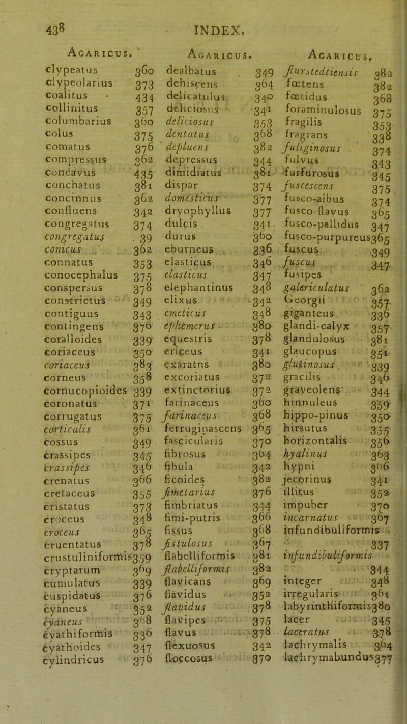 Agaricus V Agaricus • Agar icus f clypeatus 36° dealbatus 349 Jlurstcdticiuis 383 ciypeolanus 373 dehisccns 364 fcetens 382 coalitus 434 delicatulus 34° foeiidus 368 collinitus 357 deliciosns 341 foraminulosus 875 columbarius 3t>° dcliciosus 353 fragilis 353 col us 375 denlatus 3(18 Iragrans 338 comatus 376 dcplmns 382 fuliginosus 374 compressus 362 depressus 344 fulvus 343 Concavus 435 dimidiatus 381 furfurosus 345 conchatus 381 dispar 374 fusccscens 375 concinnus 362 domesticus 377 fusco-aibus 374 confluens 342 dryophyllus 377 fusco-flavus 365 congregatus 374 dulcis 341 fusco-pallidus 347 congregatus 39 durus 360 iusco-purpureus^6.q conicus 362 ebuvneus 336 xuscus 349 connatus 353 elasticus 346 fuscus 347 conocephalus 375 elasticus 347 fusipes conspersus 378 clephantinus 348 galerir.ulatus ' 362 constrictus 349 elixus ■342 Cxeorgii 357 contiguus 343 cmeticus 348 gigantcus 336 contingens 376 ephtmcrus 380 glandi-calyx 357 coralloides 339 equestris 378 glandulosus 381 coriaceus 35° ericeus 34i glaucopus 351 coriaceus 3*3 exaratns 380 glutinosus. 339 corneus 35 8 excoriatus 372 gracilis 346 cornucoploidcs 339 extinctorius 372 graveolens' 344 coronatus 371 farinaceus 36° hinnuleus 359 corrugatus 375 farinaceus 368 hippo-pinus 35° corticalis 361 ferruginascens 3^5 hirsutus 355 cossus 349 fasciculai is 37° horizontalis 356 crassipes 345 fibrosus 3b4 hyalinus 363 crassipcs 346 fibula 342 hypni 3<>b crenatus 366 ficoides 382 jecorinus 34l cretaccus 35 5 Jimetarius 376 illitus 352 cristatus 373 fimbriatus 344 impuber 37° croceus 348 fimi-putris 366 incarnatus 367 croceus 3(>5 fissus 368 infundibuliformis . Cruentatus 378 fistulosus 367 337 crustuliniformi: 5359 flabe'lliformis 381 inju ndibuhformis cryptarum 3fl9 Jlabclliformis 382 r.v ' . • 344 cumulatus 339 flavicans 869 integer 348 cuspidatus 3/6 flavidus 352 irregularis 3<n cyaneus 352 Jlavidus 378 labyrinthiformisgSo cyaneus 3^8 flavipes 375 lacer 345 evathiformis 336 flavus 4378 laccratm ,1 37 8 cyathoides 347 flexuosus 342 lachrymalis 3(l4 cylindricus 37^ floccosus 37° lachrymabundusg^y