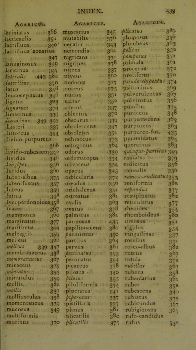 Agaric Us. AcaR ! CDS. AgariCus. laciniatus 366 muscarius 345 plicatus 380 .lacticaulis 351 mutabilis 376 pluijiosus 34<> lactifluus 340' necator 343 plumbeus 3-3 lactitluus zonarius nemoralis 3'1 politics 352 347 nigricans 37* pomp os us 371 lanuginosus 359 nigripes 378 primula 3ni laricinus 347 nitens 337 procerus 37 2 lateralis 443 niveus 360 proliferus 37° . lateritius 37° nodosus 377 pseudo-clypealus 374 latus 358 nuceus 375 psitracinus 3b9 lcucoccphalus 34fi nud us 35i pulverulentus 367 ligatus 3b3 nudus 35 2 pul vinatus 35b lignoruvi 374 obesus 337 pumilus 375 .limacinus 339 oblectus 37b puniceus 348 ■limacinus 349 356 obscurus 339 purpurascens 3^3 Listcri 337 obsolescens 347 purpureus 3b3 littoreus 354 obsoletus 35l purpureo-fus. 435 livido-purpureus ochraceus 373 pyramidatus 3b4 368 odtogonus 364 quercinus 383 ]ivido-rubescens342 odorus '339 quinque-partitus 349 li vidus 34h oedematopus 354 radialus 379 longipes 356 olivaceus 354 radicatus 35^ luridus 3(1° opacus 345 ramealis 33b luteo-albus 375 orbicularis 372 ramo so-radical KJ351 luteo-fuscus 357 oreadus 35b reniformis 382 luteus 359 orichalceus 351 repandus 377 luteus 348 ostreatus 381 resupinatus 382 lycoperdonoidesggo ovalis 3b3 reticulatus 377 macer 307 ovatus 378 rheoides 344 mammosus 36° palmatus 381 rhomboideus 380 marginatus 377 pannosus 437 rimosus 351 maritimus 344 papilionaceus 380 rigidus 354 meleagris 359 parasiticus 35° risigallinus 337 melleus 36b partitus 3b4 rosellus 341 melleus 339 347 parvus 361 roseo-albus 382 mtmuranaceus 33« pectinatus 393 roseus 3b7 vitmbranaccus 3b7 peronatus 354 rotula 372 micaceus 375 picaccus 378 rubcllus 367 miniatus 35.3 pilosus 340 rubens 358 minutulus 359 pilosvs 355 rubeolarius 361 mollis 382 piluliformis 374 ruber 352 mollis 337 piperatus 34i rubcscens 340 molliusculus 358 piperatus 337 rubiatus 375 momentaneus 379 -pistillaris 337 rubicundus 367 mucosus 349 planus 381 rubiginosus 367 multiformis plicatilis 380 rufo-candidus mu rinus 37° plicatilis 375 rufus 35«
