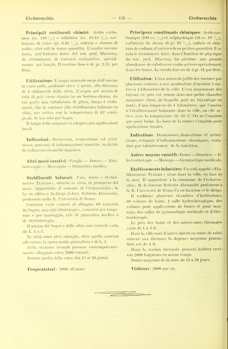 Principali costituenti cliiinici: Acido carbo- uico (cc. 198 7oo) e solfìdrico (cc. 28.18 7oo)? car- bonato di calce (gr. 0.91 %o)) solfato e cloruro di sodio; altri sali in tenne quantità. L’analisi recente fatta, neiristituto fìsico del sen. prof. Blaserna, dà abbondanza ili sostanze radioattive, special- niente nei fanghi. Il residuo fìsso è di gr. 2.51 per litro. Utilizzazione: L’acqua minerale sorge dall’eocene in varie polle, profonde circa 3 metri, alla distanza di 4 chilometri dalla città. L’acqua per mezzo di tubi di grès viene riunita in un bottino chiuso, da cui parte una tubulatura di ghisa, lunga 4 chilo- metri, che la conduce allo stabilimento balneare in città, ove arriva con la temperatura di 46° centi- gradi. Si usa solo per bagni. Il fango della sorgente si adopera per applicazioni locali. Indicazioni: Dermatosi, reumatismo ed artri- tismo, postumi di infìammazioni croniche, malattie da rallentato ricambio organico. Altri mezzi curativi : Fanghi — Doccie — Elet- troterapia — Massaggio — Ginnastica medica. Stabilimenti balneari: Uno, detto « Stabili- mento Traiano », situato in città, in ])rospetto del mare. Appartiene al comune di Civitavecchia: lo ha in affìtto e lo dirige il dott. Eoberto Alessandri, professore nella E. L^niversità di Eoma. Contiene varie camere di alloggio, 60 camerini da bagno, una sala idroterapica, camerini per fanga- ture e per massaggio, sale di ginnastica medica e di elettroterapia. Il prezzo dei bagni e delle altre cure termali varia da L. 1 a 3. In città sono altri alberghi, oltre quello annesso alle terme; la spesa media giornaliera è di L. 4. ISiella stazione termale possono contemporanea- mente alloggiare circa 2000 curanti. Durata media della cura: dai 15 ai 20 giorni. Principaux constituants chimiques : Acide car- l)oniq\re (198 cc. %o) et sulphydrique (28 cc. 18 7oo); carbonate de chaux (0 gr. 91 “/^o), sulfate et chlo- rure de sodiirm; d’autres sels en petites quantités. li’a- nalyse récemment faite, dans l’Institut de physique du sén. prof. Blaserna, lui attribue une grande abondance de substances radio-actives spécialement dans les boiies. Le résidu fixe est de 2 gr. 61 par litre. Utilisation: L’eau minérale jaillit des éocènes par plusieuis sources, à une profondeur d’environ 3 mè- tres à 4 kilomètres de la ville. L’eau moyennant des tuyaux en grès est réunie dans une petite chambre maçonnée close, de laquelle part un tuyautage en fonte, d’une longueur de 4 kilomètres, qui l’amène à l’établissement balnéaire dans la ville, où elle ar- rive avec la température de 45° C. On ne l’emploie que |iour bains. La boue de la source s’emploie pour applications locales. Indications: Dermatoses,rhumatisme et arthri- tisme, reliquats d’inflammations chroniques, mala- dies par ralentissement de la nutrition. Antres moyens curatifs: Boues—Douches — E- lectrothéra])ie — Massage — Gymnastique médicale. Etablissements balnéaires: Un seirl, appelé: «Eta- blissement Traiano » situé dans la ville, en face de la mer. Il appartient à la commune de Civitavec- chia; M. le docteur Eoberto Alessandri professeur à la E. Université de Kome l’a en location et le dirige. Il renferme plusieurs chambres d’habitations, 60 cabines de bains, 1 salle hydrothérapique, des cabines pour applications de boues et pour mas- sage, des salles de gymnastique médicale et d’élec- . trothérapie. Le prix des bains et des autres cures thermales varie de 1 à 3 fr. Dans la ville sont d’autres hôtels en outre de celui annexé aux thermes; la dépense moyenne journa- lière est de 4 fr. Dans la station thermale peuvent habiter envi- ron 2000 ijaigneurs on même temps. Durée moyenne de la cure: de 16 à 20 jours.