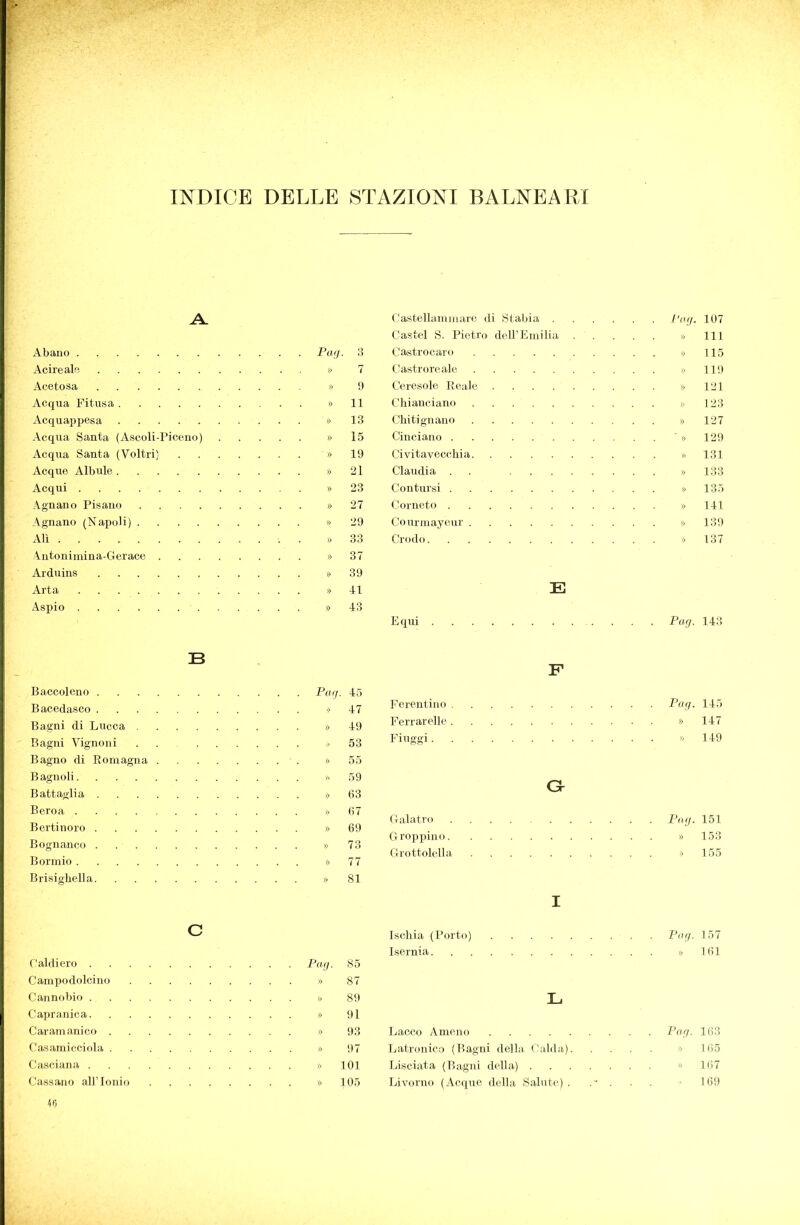 ITOICE DELLE STAZIOîs^I BALNEARI A Castellammare di Stabi a . . . . fotj. 1Ü7 Castel S. Pietro dcU’Emilia . » 111 Abano Castrocarf) •> 115 Acireale 7 Castrorealc » 119 Acetosa 9 Ceresolo Reale . . . » 121 Acqua Fitusa 11 Chianciano » 123 Acquappesa 13 Cliitignano » 127 -A.cqua Santa (Ascoli-Piceno) » 15 Ciuciano ' >> 129 Acqua Santa (Veltri) » 19 Civitavecchia . . . » 131 Acque Albule 21 Claudia . . » 133 Acqui 23 Contursi » 135 ,A.gnano Pisano » 27 Corueto » 141 Agnano (Napoli) 29 Courmayeur » 139 Ali 33 Crodo 137 .Antonimina-Geracc 37 Arduins 39 Art a 41 E Aspio 43 Equi Pori. 143 B F Baccoleno . . . . Bacedasco . . . . Bagni di Lucca . Bagni Vignoni Bagno di Eomagna . Bagnoli Battaglia . . . . Beroa Bertinoio . . . . Bognanco . . . . Bormio Brisighella. c Caldiero . Campodolcino Cannobio . Capranica. Caramanico . Casiirnicciola . Casciana . Cassano all’Ionio Po(j. 45 ■> 47 » 49 53 » 55 Pati. » Ferentino Po;i. 145 Ferrarellc » 147 Fiuggi » 149 59 63 67 69 73 77 G alatro .... Groppino. . . Po;/. 151 . . » 153 Grottolella 81 Ischia (Porto) I Poq. 157 85 Isernia . . » 161 87 89 L 91 93 Lacco Ameno . . Pori. 163 97 Latronico (Bagni dell: 1 Inalila). . . > 165 101 Lisciata (Bagni della) . . '■ 167 105 Livorno (Acque della Salute) . .- . . . • 169