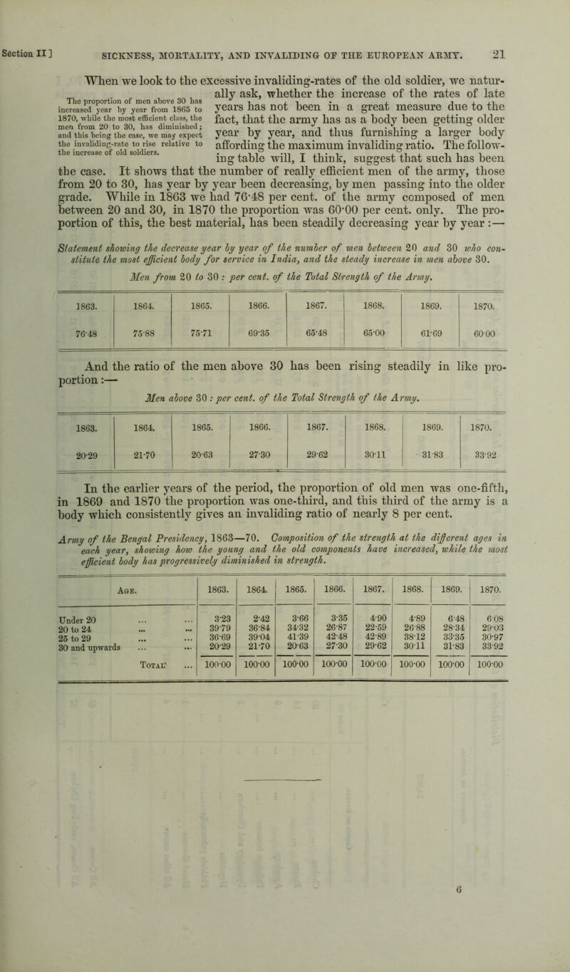 When we look to the excessive invaliding-rates of the old soldier, we natur- ally ask, whether the increase of the rates of late The proportion of men above 30 has i . ixj.i increased year by year from 1865 to y^ars has not been iH a great measure due to the 1870, while the most efficient ch.ss, the fact, that the army has as a body been ffettin^ older men from 20 to 30, has diminished; , i o • S • i i i and this being the case, we may expect joar by year, and thus fumishing a larger body the invaiiding-rate to rise relative to affording the maximum invaliding ratio. The follow- ing table will, I think, suggest that such has been the case. It shows that the number of really efficient men of the army, those from 20 to 30, has year by year been decreasing, by men passing into the older grade. While in 1863 we had 76’48 per cent, of the army composed of men between 20 and 30, in 1870 the proportion was 60-00 per cent. only. The pro- portion of this, the best material, has been steadily decreasing year by year :— statement showing the decrease year hy year of the numher of men between 20 and 30 who con- stitute the most efficient body for service in India, and the steady increase in men above 30. Men from 20 to 30 ; per cent, of the Total Strength of the Army. 1863. 1864. 1865. 1866. 1867. 1868. 1869. 1870. 76-48 75-88 75-71 69-35 65-48 65-00 61-69 6000 And the ratio of the men above 30 has been rising steadily in like pro- portion :— Men above 30 ; per cent, of the Total Strength of the Army. 1863. 1864. 1865. 1866. 1867. 1868. 1869. 1870. 20-29 21-70 20-63 27-30 29-62 30-11 31-83 33-92 In the earlier years of the period, the proportion of old men was one-fifth, in 1869 and 1870 the proportion was one-third, and this third of the army is a body which consistently gives an invaliding ratio of nearly 8 per cent. Army of the Bengal Presidency, 1863—70. Composition of the strength at the different ages in each year, showing how the young and the old components have increased, while the most efficient body has progressively diminished in strength. Age. 1863. 1864. 1865. 1866. 1867. 1868. 1869. 1870. Under 20 3-23 2-42 3-66 3-35 4-90 4-89 6-48 6-08 20 to 24 39-79 36-84 34-32 26-87 22-59 26-88 28-34 29-03 25 to 29 36-69 39-04 41-39 42-48 42-89 38-12 33-35 30-97 30 and upwards 20-29 21-70 20-63 27-30 29-62 30-11 31-83 33-92 Total' 100-00 100-00 100-00 100-00 100-00 100-00 100-00 100-00 6