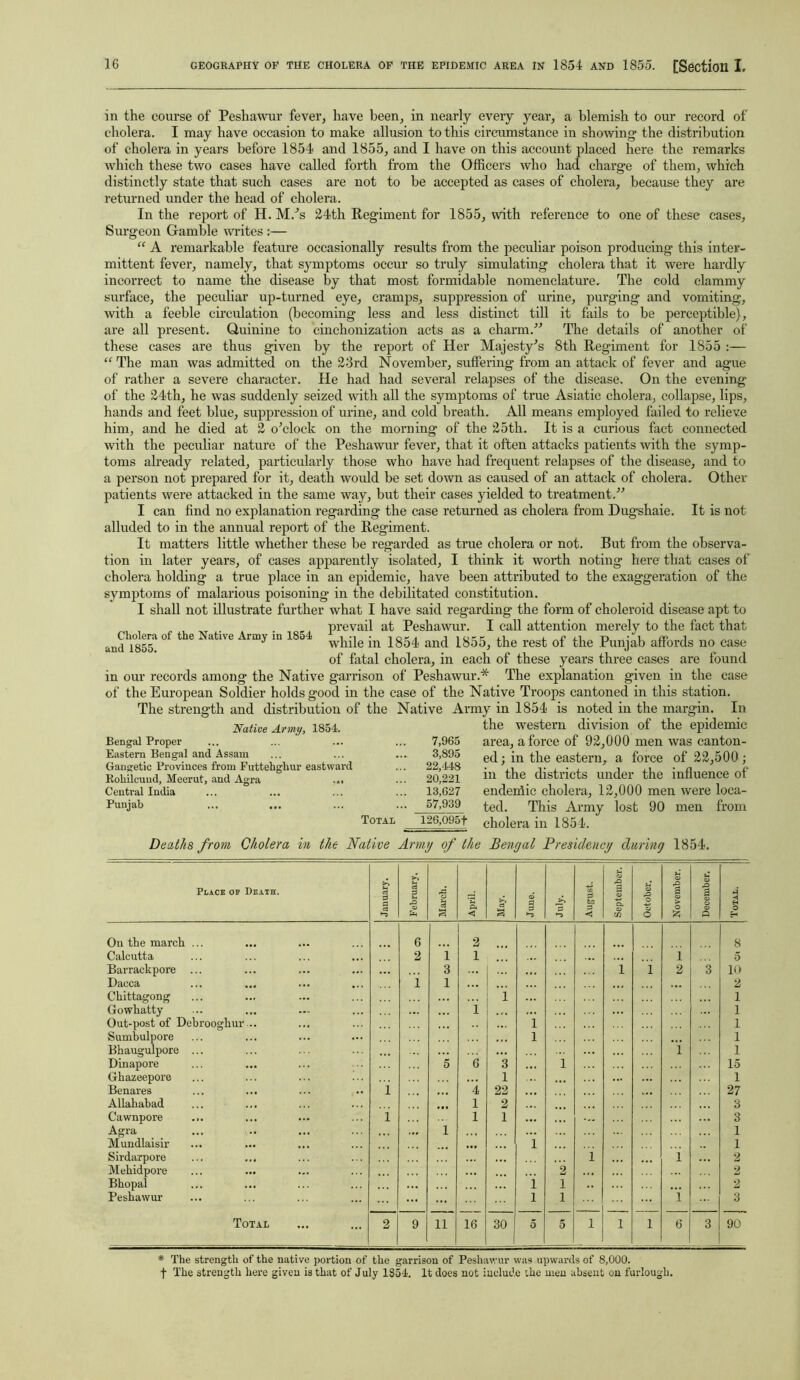 in the course of Peshawur fever, have been, in nearly eveiy year, a blemish to our record of cholera. I may have occasion to make allusion to this circumstance in showing the distribution of cholera in years before 1854 and 1855, and I have on this account placed here the remarks which these two cases have called forth from the Officers who had charge of them, which distinctly state that such cases are not to be accepted as cases of cholera, because they are returned under the head of cholera. In the report of H. M.’s 24th Regiment for 1855, with reference to one of these cases, Surgeon Gamble writes :— “ A remarkable feature occasionally results from the peculiar poison producing this inter- mittent fever, namely, that symptoms occur so truly simulating cholera that it were hardly incorrect to name the disease by that most formidable nomenclature. The cold clammy surface, the peculiar up-turned eye, cramps, suppression of urine, purging and vomiting, with a feeble circulation (becoming less and less distinct till it fails to be perceptible), are all present. Quinine to cinchonization acts as a charm.'” The details of another of these cases are thus given by the report of Her Majesty’s 8th Regiment for 1855 :— “ The man was admitted on the 23rd November, suffering from an attack of fever and ague of rather a severe character. He had had several relapses of the disease. On the evening of the 24th, he was suddenly seized with all the symptoms of true Asiatic cholera, collapse, lips, hands and feet blue, suppression of urine, and cold breath. All means employed failed to relieve him, and he died at 2 o’clock on the morning of the 25th. It is a curious fact connected with the peculiar nature of the Peshawur fever, that it often attacks patients with the symp- toms already related, particularly those who have had frequent relapses of the disease, and to a person not prepared for it, death would be set down as caused of an attack of cholera. Other patients were attacked in the same way, but their cases yielded to treatment.” I can find no explanation regarding the case returned as cholera from Dugshaie. It is not alluded to in the annual report of the Regiment. It matters little whether these be regarded as true cholera or not. But from the observa- tion in later years, of cases apparently isolated, I think it worth noting here that cases of cholera holding a true place in an epidemic, have been attributed to the exaggeration of the symptoms of malarious poisoning in the debilitated constitution. I shall not illustrate further what I have said regarding the form of choleroid disease apt to prevail at Peshawur. I call attention merely to the fact that while in 1854 and 1855, the rest of the Punjab affords no case of fatal cholera, in each of these years three cases are found in our records among the Native garrison of Peshawur.* The explanation given in the case of the European Soldier holds good in the case of the Native Troops cantoned in this station. The strength and distribution of the Native Army in 1854 is noted in the margin. In Cholera of the Native Army in 1854 and 1855. Native Army, 1854. Bengal Proper 7,965 Eastern Bengal and Assam 3,895 Ciangetic Provinces from Futtehghur eastward 22,448 Rohilcuud, Meerut, and Agra ... 20,221 Central India ... 13,627 Punjab ... 57,939 Total 126,095f the western division of the epidemic area, a force of 92,000 men was canton- ed ; in the eastern, a force of 22,500; in the districts under the influence of endenlic cholera, 12,000 men were loca- ted. This Army lost 90 men from cholera in 1854. Deaths from Cholera in the Native Army of the Bengal Presidency during 1854. Place oe Death. January. February. March. April. tA rt a June. ‘-i August. September. October. November. December. Total. On the march ... 6 2 8 Calcutta 2 1 1 1 5 Barrackpore ... 3 i i 2 3 10 Dacca i 1 ... 2 Chittagong l 1 Gowhatty i 1 Out-post of Debroogliur .. i 1 Sumbulpore l 1 Bkaugulpore ... ... i 1 Dinapore 5 6 3 i 15 Ghazeepore 1 1 Benares i 4 22 ... 27 Allahabad 1 2 3 Cawnpore i 1 1 ... ... 3 Agra 1 ... 1 Mundlaisir ... l 1 Sirdarpore 1 i 2 Mehidpore 2 2 Bhopal i i 2 Peshawur i i i 3 Total 2 9 11 16 30 5 5 1 l l 6 3 90 # The strength of the native portion of the garrison of Peshawur was upwards of 8,000. f The strength here given is that of July 1S54. It does not include the men absent on furlough.