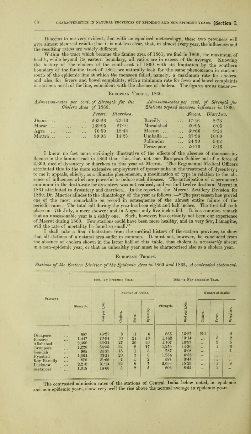 CHARACTERISTICS IN NATURAL PROVINCES OF EPIDEMIC AND NON-EPIDEMIC YEARS. [Section I. It seems to me very evident, that with an equalised meteorology, these two provinces will give almost identical results; but it is not less clear, that, in almost every year, the influences and the resulting ratios are widely different. Within the tract which became the famine area of 1861, we find in 1860, the maximum of health, while beyond its eastern boundary, all ratios are in excess of the average. Knowing the history of the cholera of the south-east of 1860 with its limitation by the southern boundary of the famine tract of 1861, we naturally look for the same phenomenon in stations south of the epidemic line at which the monsoon failed, namely, a maximum rate for cholera, and also for fevers and bowel complaints, with a minimum rate for fever and bowel complaints in stations north of the line, coincident with the absence of cholera. The figures are as under :—- European Troops, 1860. Admission-rales per cent, of Strength for the Cholera Area of 1860. Fevers. Diarrhoea. Jhansi ... ... 203-26 23-16 Morar ... ... 139-95 27-91 Agra ... 76-50 18-42 Muttra... ... 89-93 14-25 Admission-rates per cent, of Strength for Stations beyond monsoon influence in 1860. Fevers. Diarrhoea. Bareilly ... ... 17-46 8-73 Moradabad ... 20-95 6-05 Meerut ... ... 39-66 9-24 Umballa... ... 27-96 10-09 J ullundur ... 24-39 5-02 Ferozepore ... 26-70 5-16 I know no fact more strikingly illustrative of the effects of the absence of monsoon in- fluence in the famine tract in 1860 than this, that not one European Soldier out of a force of 2,300, died of dysentery or diarrhoea in this year at Meerut. The Regimental Medical Officers attributed this to the more extensive employment of ipecacuanha in the treatment of dysentery; to me it appeals, chiefly, as a climatic phenomenon, a modification of type in relation to the ab- sence of influences which are powerful to induce such diseases. The anticipation of a permanent minimum in the death-rate for dysentery was not realised, and we find twelve deaths at Meerut in 1861 attributed to dysentery and diarrhoea. In the report of the Meerut Artillery Division for 1860, Dr. Mactier alludes to the climatology of the year as follows:—“ The past season has proved one of the most remarkable on record in consequence of the almost entire failure of the periodic rains. The total fall during the year has been eight and half inches. The first fall took place on 17th July, a mere shower ; and in August only five inches fell. It is a common remark that an unseasonable year is a sickly one. Such, however, has certainly not been our experience of Meerut during 1860. Few stations could have been more healthy, and in very few, I imagine, will the rate of mortality be found so small.” I shall take a final illustration from the medical history of the eastern province, to show that all stations of a natural area suffer in common. It must not, however, be concluded from the absence of cholera shown in the latter half of this table, that cholera is necessarily absent in a non-epidemic year, or that an unhealthy year must be characterised also as a cholera year. European Troops. Stations of the Eastern Division of the Epidemic Area in 1860 and 1862. A contrasted statement. Stations. I860,—an Epidemic Year. 0 1862,—a Non-epidemic Veab. Strength. Died per 1,000. Number of deaths. Strength. Died per 1,000. Number of deaths. Cholera. Fever. Dysentery. Cholera. Fever. Dysentery. 887 46-22 8 11 5 665 15-27 Nil 2 Benares 1,447 73-94 33 21 13 1,142 1314 5 2 Allahabad 2,460 46-34 27 20 26 1,107 18-97 2 5 Oawnpore 1,228 54-55 24 8 17 1,259 14-30 1 6 Gondah 965 24-87 18 1 3 787 5-08 1 Eyzabad 1,054 33-21 20 o 6 1,254 5-58 Roy Bareilly 876 21-69 1 1 2 587 341 ... Lucknow 2,216 31-14 22 8 7 2,093 15'29 1 8 Seetapore 1,018 18-66 3 2 5 606 8-25 1 The contrasted admission-rates of the stations of Central India below noted, in epidemic and non-epidemic years, show very well the rise above the normal average in epidemic years.