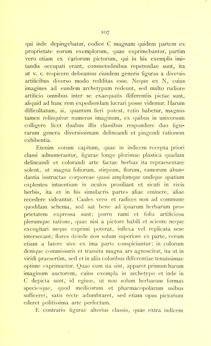 qui inde depingebatur, codice C magnam quidem partem ex proprietate eorum exemplorum, quae exprimebantur, partim vero etiam ex variorum pictorum, qui in his exemplis imi- tandis occupati erant, consuetudinibus repetendae sunt, ita ut V. c. respicere debeamus eiusdem generis figuras a diversis artificibus diverso modo redditas esse. Neque ex N, cuius imagines ad eundem archetypum redeunt, sed multo rudiore artiticio omnibus inter se exaequatis differentiis pictae sunt, aliquid ad hanc rem expediendam lucrari posse videmur. Harum difficultatum, si, quantum fieri potest, ratio habetur, magnus tamen relinquitur numerus imaginum, ex quibus in universum colligere licet duabus illis classibus respondere duo figu- rarum genera diversissimam delineandi et pingendi rationem exhibentia. Etenim eorum capitum, quae in indicem recepta priori classi adnumerantur, figurae longe plurimae plastica quadam delineandi et colorandi arte factae herbas ita repraesentare solent, ut magna foliorum, stirpium, florum, ramorum abun- dantia instructae corporeae quasi amplumque undique spatium explentes intuentium in oculos prosiliant et sicuti in vivis herbis, ita et in his simulacris partes aliae eminere, aliae recedere videantur. Caules vero et radices non ad commune quoddam schema, sed sat bene ad ipsarum herbarum pro- prietatem expressa sunt; porro rami et folia artificiosa plerumque ratione, quae nisi a pictore habili et sciente neque excogitari neque exprimi poterat, inflexa vel replicata sese intersecant; flores deinde non solum superiore ex parte, verum etiam a latere sive ex ima parte conspiciuntur; in colorum denique commissuris et transitu magna ars agnoscitur, ita ut in viridi praesertim, sed et in aliis coloribus differentiae tenuissimae optime exprimantur. Quae cum ita sint, apparet primum harum imaginum auctorem, cuius exempla in archetypo et inde in C depicta sunt, id egisse, ut non solum herbarum formas speciesque, quod medicorum et pharmacopolarum usibus sufficeret, satis recte adumbraret, sed etiam opus pictorium ederet politissima arte perfectum. E contrario figurae alterius classis, quae extra indicem