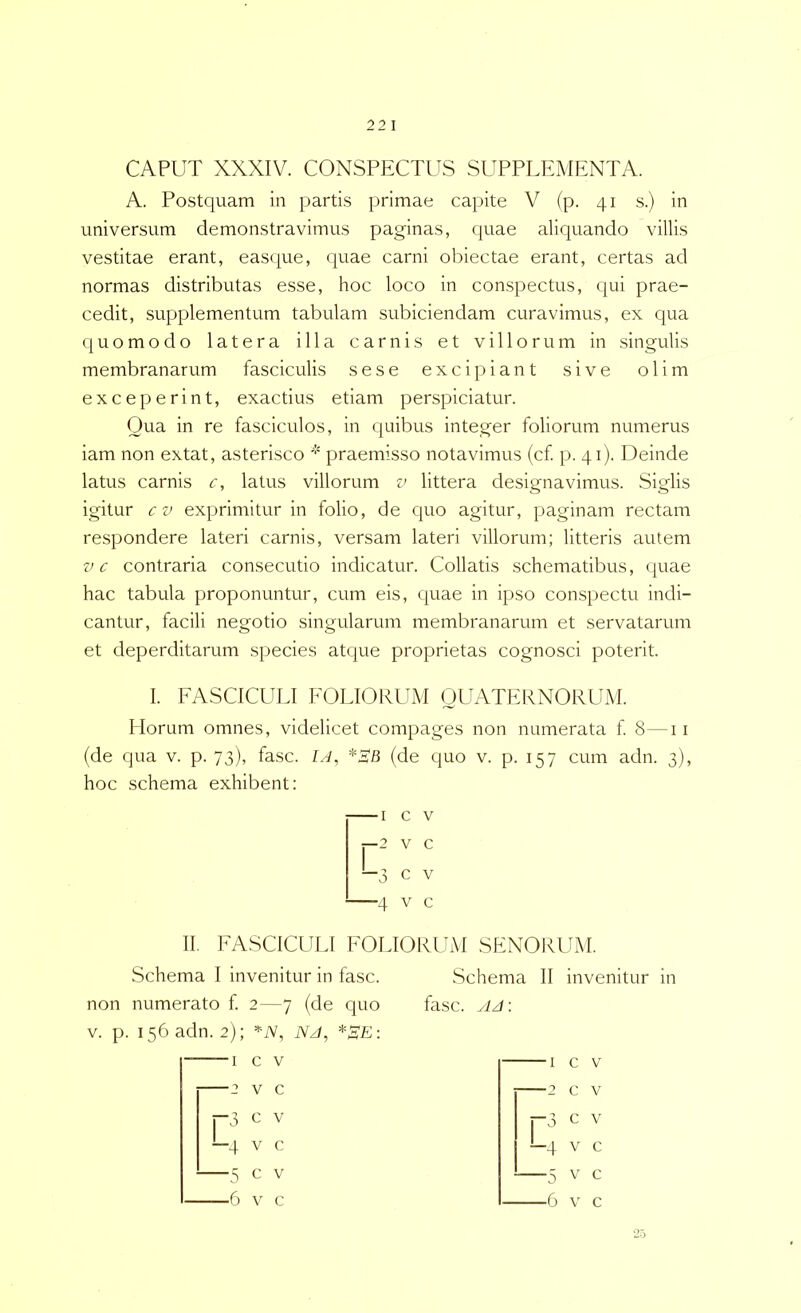 CAPUT XXXIV. CONSPECTUS SUPPLEMENTA. A. Postquam in partis primae capite V (p. 41 s.) in universum demonstravimus paginas, quae aliquando villis vestitae erant, easque, quae carni obiectae erant, certas ad normas distributas esse, hoc loco in conspectus, qui prae- cedit, supplementum tabulam subiciendam curavimus, ex qua quomodo latera illa carnis et villorum in .singulis membranarum fasciculis sese excipiant sive olim exceperint, exactius etiam perspiciatur. Qua in re fasciculos, in quibus integer foliorum numerus iam non extat, asterisco praemisso notavimus (cf p. 41). Deinde latus carnis c, latus villorum v littera designavimus. Siglis igitur cv exprimitur in folio, de quo agitur, paginam rectam respondere lateri carnis, versam lateri villorum; litteris autem vc contraria consecutio indicatur. Collatis schematibus, quae hac tabula proponuntur, cum eis, quae in ipso conspectu indi- cantur, facili negotio singularum membranarum et servatarum et deperditarum species atque proprietas cognosci poterit. 1. EASCICULI FOLIORUM QUATlfRNORUM. Horum omnes, videlicet compages non numerata f 8—ii (de qua v. p. 73), fa.sc. lA, *3B (de quo v. p. 157 cum adn. 3), hoc schema exhibent: — I c V —'* V c I -3 c V —4 V c II, FASCICULI FOLIORUM SENORUM. Schema I invenitur in fasc. non numerato f 2—7 (de quo V. p. 156 adn. 2); NA, *3E: — I c V —2 V c p3 c V —4 V c —5 c V —6 V c Schema II invenitur in fasc. ylA: — I c V —2 c V r~3 c V —4 V c —5 V c —6 V c
