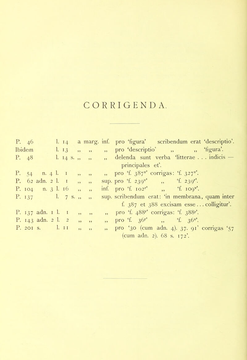 p. 46 Ibidem P. 48 P. 54 P. 62 P. 104 P. 137 P- 137 P- 143 CORRIGENDA. 1. 1. 1. n. 4 1. adn. 2 1. n. 3 1. adn. I adn. 2 14 a marg. inf. pro ‘figura’ scribendum erat ‘descriptio’. 13 ,, ,, pro ‘descriptio’ ,, 5) ‘figura’. 14 s. „ ,, ,, delenda sunt verba ‘litterae . . . indicis — principales et’. I ,, ,, pro ‘f. 387''’ corrigas: ‘f 327''’. I „ sup. pro ‘f. 239''’ ‘f 239'-’. 16 ,, inf. pro ‘f I02’’’ ,, ‘f 109''’. 7 s. „ ,, sup. scribendum erat: ‘in membrana, quam inter f 387 et 388 excisam esse.., . colligitur’. I ,, ,, pro ‘f 488'’ corrigas: ‘f 388--’. 2 ,, ,, pro ‘f 36'-’ ‘f 36V’. (cum adn. 2). 68 s. 172’. 2