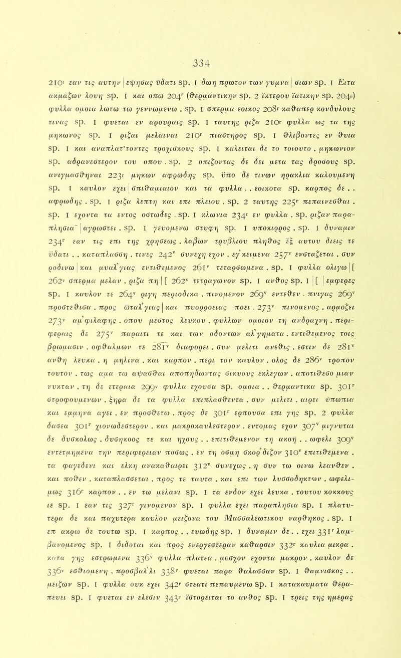 210' £«i' rig avTfji' | s^yjGag vdazi sp. I Scorj tcqcotov tcov yvfA,vci j Ctcov sp. I Eira a-Kfia^cov lovrj sp. I neu onco 204'' (d^SQjjcavrinrjv sp. 2 'inrsQOv laTinijv sp. 204r) ofioccc Xcotco reo ysvvcofievco . sp. I onsQfia eoinog 208 na&ansQ novdvlovg rivag sp. 1 cpvsrcu ev aQovQaig sp. I ravrrjg ptfa 2I0r qevXXcc cog za zrjg firjncouog sp. I ptfat ^Elcuvac 210'' niaazrjQog sp. I &Xi(iouz£g ev &via sp. I nat ai/anXaz‘zoPZEg ZQO%iGKOvg sp. I nakeczai de zo zoiovzo . ^rjncoviov sp. cidQctvEGzEQOv zov onov . sp. 2 oni^ovzag de dei fiEZcc zag SooGovg sp. aviy(.caGd'r]vai 223>- firjncov acpQcodrjg sp. vno de rivcov fjpccnXicc naXovfiEvt] sp. I navXov eyEL [ Gnt&afiicuoi' neu za qpvXXa . . eocnoza sp. na^nog 6e . . acpQcoStjg . sp. I Qi^a Xsnz-yj %ac sni nXsiov . sp. 2 zavztjg 22^’’ nenaivsG&ai . sp. I ey^ovza za evzog oGzcoSsg . sp. I nXcoina 234'' ev cpvXXa . sp. Qi^av naQa- nXt]Gia~ \ayQ(oGz£i . sp. I yavojZEVco Gzvcprj sp. I t»n:oxto^og . sp. I dvi'afiiv 234'' Eau zig Em ztjg y^tjGEcog . Xa^cov ZQvf^Xiov nXtj&og Ig avzov diEig ze vdazt . . nazanXaGGt] . zevag 242* GvvEyrj ayov . ay nEifiEva 25/'' BvGza^azai . Gvv QoSivco , nai f.ivaX'yiag avzc&EfjiEvog 261' zazaQGcofiEva . sp. I cpvXXa oAtyw j [ 262' GUEQiia ^aXav . Qi^a nri \ [ 262'' zazQaycovov sp. I av&oj sp. I I [ | a^cpEQEg sp. I navXov za 264 Qcyr] naQiodiKa . mvoixavov 269'' evze^ev . nviyag 269' nooGz£&'iGa . n()og cozaX'yiag\Kai nvoQQOEcag noai.2’jy nivouavog . aQ^o^ai 2/y afjc cpiXacptjg . onov fiaGzog Xevkov . cpvXXcov ojzoiov ztj av8qu^vr\ . naQc- cpEQaig 6e 2yy nagaizi za nai zcov oSovzcov ai!ytjfiaza. avzi&afiavog zotg ^QCojzaGtv . ocpd-aXficov za 281'' dcacpo^ai . Gvv fzaXizi avad'ig . egzcv 6a 281'' av&cj Xavna . tj firjXtva . xai nagnov . naQi zov navXov . oXog 6a 286'' ZQonov zovzov . zcog ajxa zco aipaG&ac anomjdcovzag Ginvovg anXaycov . anozid'£Go fziav vvKzav . zfj da azEQaia 299» cpvXXa ayovGa sp. oycoia . . Q-aQpcavzina sp. 301'' Gzoocpovfiavcov . ^t]i^a da za cpvXXa antnXaGd-avza . Gvv fzaXizc . aiQEi vncoma nat afA-iMcpia ayai . av nQOGd'azco . nQog da 301'' EQnovGa ani yr]g sp. 2 cpvXXa daGaa 301'' 1‘^ovcodaGzaQOV . xai fA,aKQOxavXaGZ£QOv . avzojzag ayov 307’^ piyvvzai da dvGxoXcog . dvGrjxoog za nai rjxovg . . amzid-afiavov zzj axofj . . cocpaXi 309' avzaz/zrjfiava zt]v naQicpaQEiav noGcog . av zr] oGfjirj Gxoq di^ov 3IO'' anizid’a(iava . za cpayadavi nai aXnr] avaxa&aiQEi 312’ Gvvaycog . zj Gvv zco oivco Xaav^av . nai no&av . xazanXaGGazai . nQog za zavza . nai ani zcov XvGGodrjy.zojv . cocpaXi- /zcog 316'' naqnov . . av zco piaXavi sp. I za avdov ayai Xavna . zovzov noxnovg la sp. I aav zig 327'' yivo/z-avov sp. I cpvXXa ayEi naQanXtjGia sp. I nXazv- ZEQa da y.ai nayvzEQa navXov fiat^ova zov MaGGaXacozinov va^&tjxog . sp. I an an^co da zovzco sp. I xaQnog . . avcodfjg sp. I dvvafiiv da . . ayai ^^1'Xafi- jSavofiavog sp. I didozai nai n^og avEQyaGzEQav na&aQGiv 332'' navXia fimpa . y.nzct yrjg aGZQCOfxava 336’ cpvXXa nXazaa . (zoGyov ayovza fiaxQOv . navXov da 336'' aG&iOfiavri , nQOG^aX'Xi 338’ cpvazai na^a ^■aXaGGav sp. I &afiviG%og . . fzai^cov sp. I cpvXXa ovx a^ai 342'' Gzaazi nanavfiavco sp. I nazanavfiaza &£Qa- navai sp. I cpvazai av aXaGiv 343'' iGzoQaizai zo av&og sp. I z^aig zyg yfia^ag