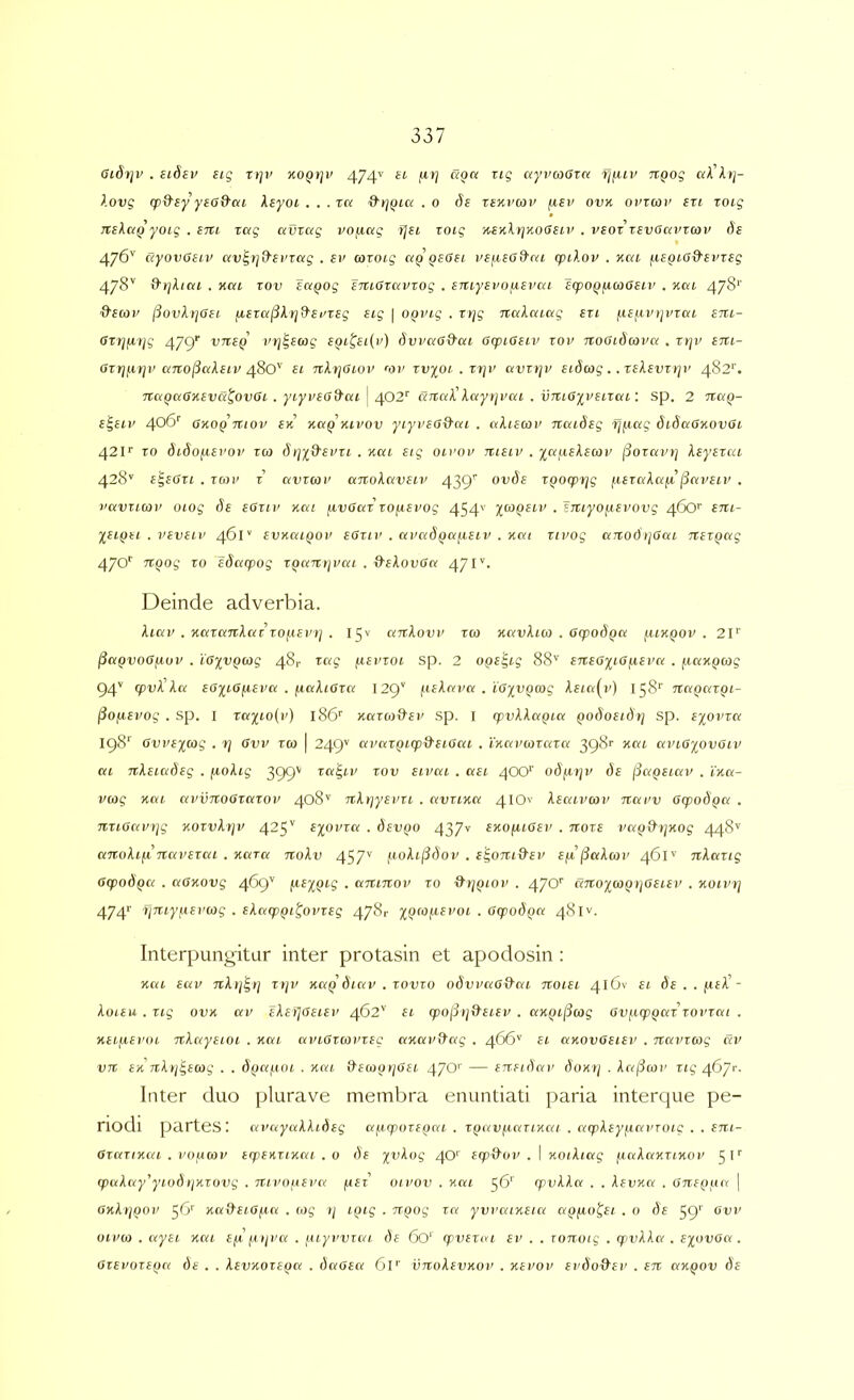 6i8r]v . si6sv sig rr]v KOQrjv 474'' «0« aypaOrn Tjfuv Ttgog «A A»/- Aovg qox^sy yea&ai XsyoL . . . xa . 0 ds tskvcov fiev ovk ovtcov sri xoig TCsXaQ yoig . ETii xag avxag i>ofiag Tjsi xoig ji.£KXrjKossiv . vsox xsvoctinmv de 4/6'' ayovOeiv av^tj&evxag . ev mroig aQ QSOei psf.ieodai cpiXov . uca f.iegiG&evreg 478'' fXrjXiat . nai zov eafjog eTUOtavxog . etuyevofievcn ^(poQiA-maeiv . nai 478*’ '9'£co)' (jovXf/aei fiexa^Xtj^efrsg eig \ OQing . xrjg naXaiag exi f.ieyev)p’xai eiu- Gvrjfitjg 479'’ VTCSQ vrj^ewg eQL^ei{v) dvvaG&cii GcpiGeiv xov noOidava . xi]v eni- Oxrjjjirjv ano^aXeiv 4S0'' ei nXtjOwi' 'ov xvyoi . zi]v avztjv eidwg.. zeXevz}]v 482''. naQaaxevCi^ovGi . yiyvea9ai \ 402' cijm^Xciyijvai . vTuayveizai: sp. 2 ztaQ- e^eiv 406'' onoQ mov ek nctQMvov yiyvEG^m . aXiecov Ttaideg fjfiag didaGnovai 42IX xo dtdofzEi'01' zco dt]id'Evzi . kcu etg oirov niEiv . yaiiEXeav jioTainj Xeyezai 428'’ E^EOzi.zau' z ctvzcoi’ anoXavEiv 439'’ ovdf zQoq)rjg (.lEzaXafi (invEiv . 1'avztai' otog de eGzu' Kca fivGaz zojxevog 454'' %w()£M' . ETuyojxevovg 46O'' em- yei^Ei . vEvELv 461 EVKcuQov eGziv . avc/d^cifZEiv . Kcii zivog aTtodijGai ztezQag 470'' TZQog zo Idaqpog ZQaTtijvai . {^fAouffr^ 471''* Deinde adverbia. Xiav . KazcmXuz\o^i£vtj . 15^ ctTtXovv zco navXico . GcpodQcc f.uxQOv . 2V ^ccQvoGfjcuv . iGyvQcog 48,- zccg ^evzoi sp. 2 oge^cg 88'' eneG^cGycEva . ^icacgcog 94' (pvX Xa EGyLGfxEva . (laXiGzcc 129“ neXc/va . 'iGyvgcog A£t«(i') 158'' Ttaguzgi- ^ojXEVog . sp. I zayio(ii) l86'’ KorwiAei' sp. I cpvXXagia godoeidrj sp. eyoxiza 198'^ Gvveycog . rj Gvv zco | 249' avazQicpd'EiGca . iKavcozaza 398'' ncn avcGyovOiv cu TiXeiudeg . fioXig 399' za'^iv zov ecvai . ccei 400'' od^tjv de ^ccqeicxv . ina- vcog Kca avv%OGzazov 408' nXrjyEvzi . ccvziKCc 41OV Xecavcov nccvv Gcpodga . TzziGcYVijg KozvXrjv 425'' £%ovzcx . devgo 437v EnofuGev . nozE vccg&tjyiog 448’' ttTtoXifi TtcivEzcu . nazci TZoXv 457'' i-coXilidov . E^OTZc&EV £fi(]aXcoi' 461'' nXcxzig Gcpodgu . aGKOvg 469'' (zi/Qc? . cmmov zo ■d'>/gioi> . 4/0'' anoycogijGEiEv . noivrj 474 fjrttyfcEvcog . eXccqpgi^ovzeg 478r ygcofievoi . Gcpodgcc 481''. Interpungitur inter protasin et apodosin ; Kai eav nXij^ij zijv Kug diav , zovzo odvvaG&ac TtoiEi 4l6v ei de . . ^ce)i- XoiEu . zig ov>c av eXeyjGEiEv 462' ei cpolhj&eiei/ . cxKQcjicog Gv^icpgaz zovzat . nezjjcEvoc nXayeioc . nca aviGzcovzeg ccnuv^cxg . 466' Ei aKOvGeiei’ . navzcog dv V7Z EK TcXtj^Ecog . . dga/.ioi . Kca dEcogtjGEc 47O — ETZEidar doxy . Xc/(Jcoi' zig 467‘'. Inter duo plurave membra enuntiati paria interque pe- riodi partes: ai'ay«AAt^£g agcpoxegai . zguvixccziKca . acpXeyficcvzoig . . ent- GzccziKcn . vofAcov erpEKziKcn . 0 de yvXog 40' ecp&oz> . I xoiXiag fuyXaxzixoi’ ^1 (paXay’yiodijKzovg . nivofjEvct gez otvov . xai 56' cpvXXcc . . Xevxcc . Gnegga | GxXtjgop ^0 xu&EiGficc . log »/ iQig . ngog za yvvcaxEicx ccgfio^Ei . 0 de 59' Gvi' oipco . ayei xca eyc . fuyvvzui de 6o' cpvEZai Ei' . . zonoig . qtvXXcc . £^od(J« . GzEvozEga de . . Xevxozegcc . dccGEa 61'' vtzoXevkoi' . xeroi' Ei’do&Ei' . etz ccxgov de