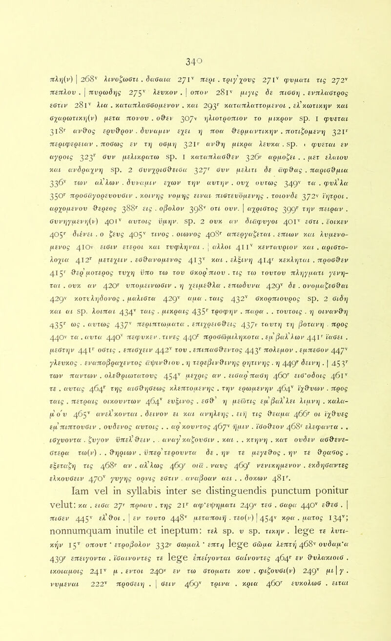 7tA')j(v) I 268^ Xivo^oiOzL . SaGaia 2^1'' nsQi . ZQiy ^ovg 271'' (pvfiazi zig 2/2^ TCiTiXov , I TtvQcoStjg 275' XevKOv . | onoi' 281'' ^lyig ds nioaz] . evTiXaozQog £6ziv 28 n Xia . KcczaTtXaaaofievov . xat 293*' KcczaTzXcczzofxEvoz . eX\(oziKr]v %cu GyaQcoziKzjiv) fieza novov . o&si- 307^ zjXlozqotuov zo (xlkqov sp. I cpvszcu 318'' au&og EQV&QOV . 6vvccf^zi’ syei rj noa ■&SQf4avzi7ir]v . Tcozi^o/isvfj 32F nEQiqjSQeLciv . noocog sv zt] oo^t] 32I>' ai'9'r/ fxLKQci Xbvkk . sp. 1 zpvEzai ev ayQOig 323*' Ovv yuXiKQazzo sp. I v,azanXa6^ev 326r cxQfio^ei . . ^laz eXaiov Hat avdQaivzj sp. 2 Gvyy^iO&siGa 327'' Gvi' (ieXizi Se atpxXag . naQLG&fxici 336'' Tcoi' aX Xo)i'. dvi^af-ici' Eycoi' ztjv avzt/i'. ovy uvzag 349'' za . (pvX’Xa 350'' TZ^oGayOQEvovGiv . xonryjg vofAijg Eivca TZzGzsvdfiEvrjg . zoiox’Se 372» 'njZQOi. (XQio^Ei>ov d^EQEog 388'' Eig . o^oXov 398'' OTt ovv. I ayQiGzog 399’’ zrjv tzezqkv . Gvvrjy(iEvtj(v) 401'' avzoig vfir/v. sp. 2 ovx kv ^lacpvyoi 40F eGzi . eoikev 405'' diEVEi . 0 ^Evg 405'' zzvog . otcavoj 408’’ ajZEQya^Ezai . etzuov nat XvfiEvo- fiEvog 41OV EiGiv EiEQOi Hat zvqxXrjvai . j aAAot 4II'’ hevtgvqiov kki . aQiGzo- Xoyia 412'’ jXEZEyEiv . EG&avofiEvog 413’' nat . EX^zvrj 414'' KEuXrjzca . tzqogO^ev 415'' &EQ [lOZEQog zvyy] vtzo za> zov GnoQziiov.zig zco zovzov 7vXf/y/.iazi. yEvrj- zai . ovx av 42O'' vTZO^iEzvzoGiv . 4 yEifiE&Xa . Enadvva 429'' ds . ovofza^EGd'(XL 429V xozvX^jdovog . /naXiGza 429'' ajia . Tatg 432'’ GxoQTtiovQog sp. 2 Gidtj Kcn at sp. Xoinai 434'' taig . yuxQcag 435’’ T^oq>rjv . ticcqu . . zovzoig . rj oivavd’7] 435*' cog . avTCog 437'' ziEQinzoiytuzci . EniyQEto&Ezg 437>' 'covzzj zfj liozavrj . iiQOg 44OV za.avzu 44O'' JZEcpvxEi'. ztvEg 44Cy TZQoGwfuXrjxoza . Efi l^aX'Xai’ ^41'^ iaGEi . fiEGZ)/v 441*' oGzig . EniGiELV 442** zov . ETtinaGd-Evzog 443*' TZoXEjjiov . EfznEGov 447'' yXEvxog . Evano^Qaj^Evzog atpzv9iov .4 zEQE^iv&zvrjg QZjzivrjg . rj 449*' Selvt] . | 453*' rcov navzav . oXE&Quozazovg 454^ av . eigkq TtaGtj 460' EiG'odoig 461'’ ZE . avzag 464*' ztjg cuG&rjGEoag xXEnzoyLEviqg . r-tjv EQafxEvrjv 464'' t;i;'9'i;a))' . ztQog zaig . TtEZQcug oixovvzatv 464’ Ev^zvog . EGd' 4 fxEcozig E[i^aX'XEi. Xifivz] . xaXa- (io'v 465’' ar£3’H0i'Tat . Seivov ei nat avrjXEtjg . £tfj zig &Eccfia 466*' ot i^&vEg Efi TunzovGiv . ovSEvog avzoig . . ao xovvzog 467'' fjfuv . 'iGo&eov ^68* EXEcpavza , , iGyyovza . ^vyov vtzeX^■d’Eiv . . avay xa^ovGiv . xai . . xzzjvrj . %az ovSev aG&EVE- GZEQa ZCo{v) . . d^rjQllOV . VTZEQ’zEQOVVZa 6e . fJV ZE /XEyE&Og . 7]V ZE &QaGog . E^Eza^rj zig 468*' av . aA.’3cog 469'’ oia . vavg 469*' vEviKfjfiEvov . ExdrjGavzEg eXxovGeiv 470'' yvyrjg OQVig egziv . ava^oav aet . . doxav 481*. lam vel in syllabis inter se distinguendis punctum ponitur velut: Ha . EtGa 271' zZQoav . zrjg 2F aq>'Expiqyiazi 249'' ZEG . Gaqa 44O'' £-9'£0 . | tziGev 445'* £A’ttot . I Ev zovzo 448'' fjiEzaTtoifj . zeo(i>) | 454'' • fzazog 134'*; nonnumquam inutile et ineptum: zeX sp. v sp. itx^v . lege ze Xvzi- Kijv 15'' 07ZOVZ ' EZQoj3oXov 332>’ Gco/xaX ‘ E7ZZfj lege G&fia XETtzrj 468''ov6a^'a 439r ETtEiyovza . iGaivovzEg ze lege iztEiyovzai GaivovzEg 464*' ev 0'vXaxioiG . iKOiafioig 24F fA. . Evzoi 24O'' sv za> Gzofiazi xov . cpi'^ovGi{v) 249^ 17 • vvfiEvai 222’’ TtQOGEi}] . | GEiv 469'' ZQiva . XQia 460'' EVXoXioG . Eizai