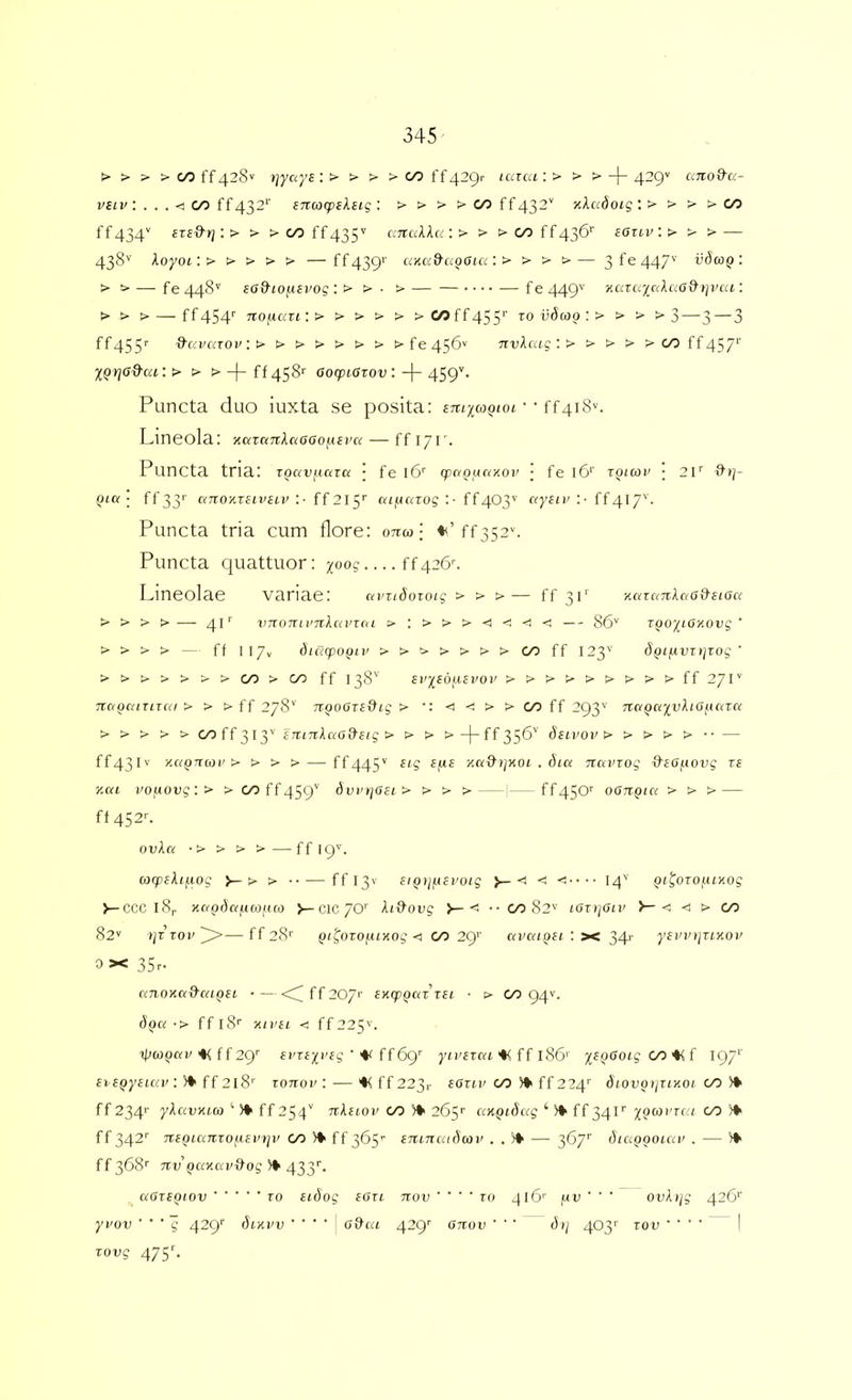 >>>></> ff 428'' )]yaye : > > > > 00 {{^2gr icacu: >>>-[- 429'' ano&a- vEiv; . . . < c/5 ff432*’ E7tco(psl£ig : > > > > co ff432'' uXadoig \ > > > > co ff434'' ezed'r}:> > > 00 1^435'' ci7tcdku\> > >ooff436‘’ sanv:> > > — 438'' Aoyot: > > > > > —ff439>' ciKcc&cioota:> > > t>— 3fe447'’ vSwq: > ^—fe448'' ea&iouEifog : > >■ > — fe449'' acaaycchiC&tjvca : > > > — ff4S4'' TtoyLUTi:> > > > > >c/514455^ rov6coo:> > > >3—3 — 3 ff455'' ^ccvciTov: > >>>>>> >fe456'’ 7ivXcag:> > > > > co ff457‘' XQrja9'ai:> > >-[“^^458'^ ooqptffTot):459''. Puncta duo iuxta se posita: £7T(;^co5)(oi • • ff4i8'’. Lineola: >car«7rAoraffof(£i'« — ff ijl'. Puncta tria: TO«Df(«r« ; fe 16'' cpaouer/.ov ; fe l6‘' roimv ; 21'' (Jic( ■ ff33'' ciTtoy.reivEiv :■ ff 2iy atficnog :■ ff 40^ «yfn': • ff 417''. Puncta tria cum flore: onco\ ♦’ff352c Puncta quattuor: yoog ff426c Lineolae ■vanae: amidoroig > > >— ff 31“^ nazanlaO&stGa t> > > >• — 41'' vTzomii-jiXavzai — 86'' ZQoyioyovg ’ > > > > — ff ll7v diCiCpo^iv >>^>>>>COff 123'' SQifAvzi]zog ' >>>>>>>C/0>00 ff 138'' El’XSdf.lSl'01' >>>>>>>>>ff 270 nagaizizui > > > ff 278'' TtQ00zE%ig > <1 <! > 00 ff 293'' naQaxvXiGf.tazu > > > > > 00 ff 313'’ iTttTzXaa&Etg > p> > > -)~ ff 35^'^ dsivov >>>>>•■ — ff43I'' yuQTiai'> > > > — ff445'' sfg £jHf y.ci\fi]KOi . dia navzog ffeo/.iovg zs y.tti i>0(A0vg: > > CO ff459'’ dvvt]asi> > > >— ff450'' oangia > > > — fl452c ovXa ■> > > >—ff 19''. wcpekifxog >-t> > •• — ffl3v eigyigeroig >—< < <!•••• 14'' gt^ozo^iKog >—CCC l8r xagdaiii(ofio) >—01070'' titfoug >—<1 •• OO 82'’ iOzi]Giv >—<<>00 82» )]z zov ~g>— ff 28'' gt'^ozo^uxog < 00 29’' ai>aigii : x 34r yeinnjziyov 0 X 35r- anoKad-aigEi •—ff 2071' iyzpgazzii ■ > 00 94V. dga ■> ff 18'' yivii < ff225’''. ipiagavff 2g^ svziyveg ' •%( ff6g^ >’n'£T«tff l86'' yegGoig CO'^ f i97>' svEgyeiuv : )♦ ff 2l8'' zonov : — ff 223,- EGziv OO )* ff 2?4'' diovgijziyoi oO ff 2341' yXavyico ‘ » ff 254* TtXsioi’ 00 265'' axgidug ‘ ff 341'’ ygarzci 00 ff 342'' TZsgiaTtzof.isinji' 00 ff 365’' smncadan' . . >> — 367'' ihaggoiai’ . — ff 368'' TtP^KJtao-ifoj » 433''. uGzsgiov TO eidog egzl nov ' ' ' ' zo 416'' gv ' ' ' ovlijg 426'’ yvov ' ' ' g 429'' SiKvv • • • • ' o&ca 429'' gttov ' ' ' dtj 403’' zov ■ • • • | zovg 4756