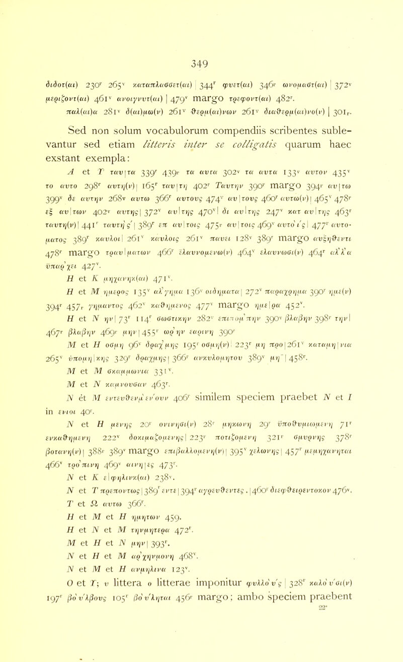 6idoT(ai) 230*' 265'' -/«ra7rAo;(Jij£T(ai) 344^ qpvst(ai) 346r coi'o,uaffT(o;() ' 372^ fAeQi'^ovi(cn) 461'' uvoLyvvt(ai) | 479'' niargO xqEcpovz{ca) 482^ jro;A(at)ci 281'' d{at)fico(i>) 261'' Q^cQf^i(ai)vbn> 261'’ 6iaQ^eQii{at)vo(i') | 30Ir. Sed non solum vocabulorum compendiis scribentes suble- vantur sed etiam litteris inter se colligatis quarum haec exstant exempla: A et T Tav]^ra 339'' 439r xa avta 302V r« avxa 133'’ avxoi' 435'' xo avxo 2g8'‘ 165'^ To;D|r»; 402'' Tavxijv 390*' margO 394>' ckv\xco 399'' ds avxi]v 268v avxa 366'' avxovg av [Tong 460''«vro)(v)| 465'478'' av[xcov 402v «tiT»;gI 372'' av\xi]g 470'’l 61 «wlrt/g 247'' xot auITt;g 463'' TauT»)(i')| 441'' Taurtj gI 389'' en avlxoig 475>’ au'rotg 469''auro'ig I avxo- juarog 389'’ y-avXoiI 261'' y.avXoig 261'' navei 128'’ 389'' ITiargO av^ijd-erxi 478'' margo roaul.Harroi' 466'' e^avi'Ofiei'co(i’) 464'' £taui'coat(i') 464’’ at’A’a vnaQXcL 427''- H et K /.u}xai’ijy.(ai) 471''. H et M r/ueong 135'’ alytjf-ta 136' 0(b/f(ara| 272'' Tra^ajj^t/ua 39O'' 394'' 457r yiji-xai/xcig 462'' xa9tjinirog 477' margO tjfifipa 452''. H et N 41'!73'' 114'' otoaxi-Ktji' 282'' c7inoj.t'rcijv 390''|3ta/3ip'398'' rt/ul 467'' (3Aa/?i/u 4691- f‘in'|455‘' coQip’ £a^u'r/ 390'' M et H oo^uj 96'' dQay^ojg 195''off|Ui/(u) > 223*' fx)] 7tQ0\26l'‘' xaraftf/lioa 265'' ureof^ t; i Hr;g 329'' (^fia^jittjg | 366'' avxv^ofiyxov 389'' (U (/“|458''. M et M OKaixyanna 331''. M et N yayvovoai’ 463''. N et M evxev9ivjitvovp 406“' simileni si)eciem praebet iV et 7 in EvioL 40'. iV et H |U£i/(/g 20‘' ovivijai{v) 28'' fit/xwi'»/ 29'' vno9vi.u(oi.isrij yi’’ £uya9rjfi£Ptj 222' doHi/ua^o/.iei'yg I 223'' ^oxi^o/lispi/ 321'' G/nvQpyg 378'' /iorainj(i') I 388'' 389 margO £Tt((3aAAofi£i')/(i')| 395''xfAwin^gl 457*'|U£|Ui;7ai't/Tat 466'' xQOTiLPt} 469'' an'»;pg 473'‘- N et K elipyXipyiai) 238'. N et T TXQETiopxag \ 389' furf 1394*' a)’(i£u{Afi'r£g . [460'' ducp9stQ£i'xoy.0P 476''. T et 77 aureo 366*. 77 et M et H yyaixmp 459. H et et M xyvfirjxiQa 472^ M et H et JS 393*'. N et H et M aQ p]v^iopy 468'. N et M et H apfxijhpa 123'. 0 et 'T; u littera o litterae imponitur (yvUo'v'g' 328'' xakov'ot(v) 197* jio'v'l(5ovg 105*' /3o'u'At;ra; 456'' margo; ambo speciem praebent 22*