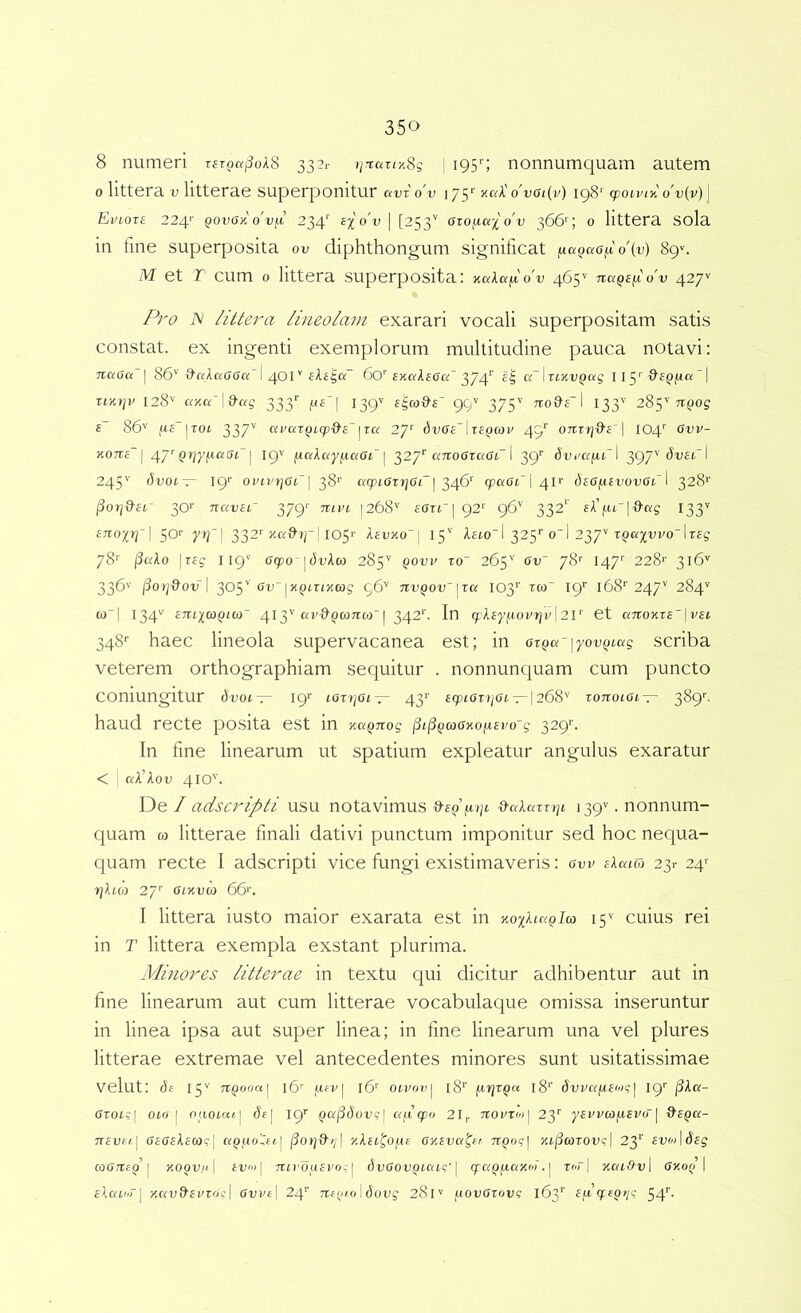 8 numeri rEr^ajioAS 33?r tjzauxSg \ i95‘'; nonnumquam autem 0 littera v litterae superponitur avz o'v 175* o'vgi(v) 198'' <poLi>ni o'v(v)^ Kvioxe 224'' qovGk o'vf.z 234' ^%o'v | [253'' azoi^a-j^ o'v 3664 0 littera Sola in fine superposita ov diphthongum significat (ic(<)aOf.z o'(v) 89''. M et T cum 0 littera superposita: naXai^ov 465'’ naQe^'o'v 427'^ Pro iV /Utera lineolam exarari vocali superpositam satis constat, ex ingenti exemplorum multitudine pauca notavi: naOa | 86'' itttAocCffo;” 1 40I''£AE§a“ 60''EnorAEffa'374’’ «IzmvQag zmt}}’ 128'' 333*' 139^ £§wit£^ 99'' 375'' 7toO£~l 133'' 285''71^)05 s 86'' (ii£'|TOt 337'’ on'azQL(p’d'£~'^za 27“' dixlE” I 49'' OJizrj&B^l 104'' Ovv- noTze I Qtjyf.iaSz ^ 19'' ftwAayjttaffi | 327*'(VTioerccer 1 39'' 6vi>afu~\ 397''I 245'' 6voi~- 19'' ovirt^oi^l 38*' acpiozrjar^ 24& qD«(Jt i 4i>' 5£(JjU£vot;et‘1 328'' 30‘’ navsr 379'' nivi 1268'’ £0n | 92'' 96'' 332' sl^t.~\&<xg 133' 50>' yrj\ 332''I 105'' l£vxo~\ 15'' Aeio'1 325''o’l 237't9«;(V£'oIt£j 78'' jSaXo |r£g I19'' cqpo |(JvAto 285'' Qovi' zo~ 265'' Ov' 78'' I47'' 228‘' 316'' 336'' 305''Ovqx()£rtxcog 96'' 103'' xco 19'' l68‘'247'' 284'' W| 134'' emicoQico^ 413'«v&^cojtco | 342''. In qrAEyfioi^rji/l 21'' et aTTOxrf ] vEt 348'’ haec lineola supervacanea est; in ct^a scriba veterem orthographiam sequitur . nonnunquam cum puncto COniungltur dvoi— lOzrjOizr- 43*' eq^ioztjOz-^] 268'' zonoioi— 389''. haud recte posita est in xk^ttos ^i^fimano^evo-g 329*'. In fine linearum ut spatium expleatur angulus exaratur < Ci:A’Aoi; 410'’. De / adscripti usu notavimus »£q fitji &aXazzr/i 139'. nonnum- quam w litterae finali dativi punctum imponitur sed hoc nequa- quam recte I adscripti vice fungi existimaveris: aw cXauo 2^r 24'' rjXio} 2/'' GiKvco 66'’. I littera iusto maior exarata est in KoxXiaQla 15'' cuius rei in T littera exempla exstant plurima. Minores litterae in textu qui dicitur adhibentur aut in fine linearum aut cum litterae vocabulaque omissa inseruntur in linea ipsa aut super linea; in fme linearum una vel plures litterae extremae vel antecedentes minores sunt usitatissimae Velut: ds 15'' 7Epooc<[ 16'' ,ufi9 ib oivoii]^ l8‘' (irjzQa l8‘' diivajUEM?! 19'' §Xa- Ozoii] oto [ oHotctfj I 19'' ^«|3(5ot’?| ai.icpo 21^ novzioi^ 2y yevvafisvo'^ ^equ- 7TSV(i\ ceoeAem;I /3o»j{t//| xAEtfofif ay.sva^f/ jr()o?| -/.i^azovql 2y eiiwI^ej 0)iJn:c^’| y.oov/<\ Et;'')| 7rtrof(Ei'o-'| dvGovQzazq'\ qrft^ftaXM'. | zor \ yMiOvl ffxof I £A«icr| xKu9'Ei'roc| ovvf| 24'' 7ii()io\dovg 281'' i.iov6zovg 163'' cixfzQt^!; 54r.