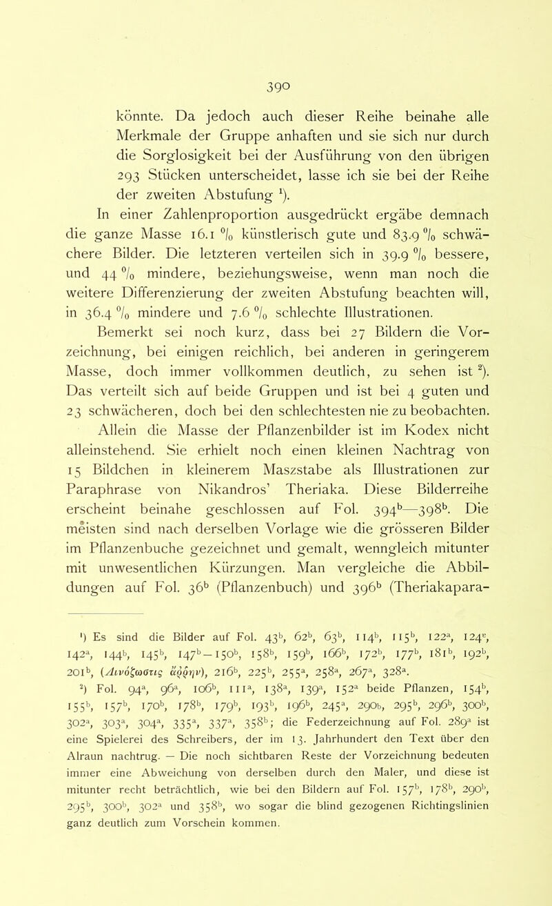 konnte. Da jedoch auch dieser Reihe beinahe alie Merkmale der Gruppe anhaften und sie sich nur durch die Sorglosigkeit bei der Ausfiihrung von den iibrigen 293 Stiicken unterscheidet, lasse ich sie bei der Reihe der zweiten Abstufung ^). In einer Zahlenproportion ausgedriickt ergabe demnach die ganze Masse 16.1 ®/o kiinsderisch gute und 8s,g°/o schwa- chere Bilder. Die letzteren verteilen sich in 39.9 ®/o bessere, und 44 ®/o mindere, beziehungsweise, wenn man noch die weitere Differenzierung der zweiten Abstufung beachten will, in 36.4 °/o mindere und 7.6 °/o schlechte Illustrationen. Bemerkt sei noch kurz, dass bei 27 Bildern die Vor- zeichnung, bei einigen reichlich, bei anderen in geringerem Masse, doch immer vollkommen deutlich, zu sehen ist ^). Das verteilt sich auf beide Gruppen und ist bei 4 guten und 23 schwacheren, doch bei den schlechtesten nie zu beobachten. Allein die Masse der Ptlanzenbilder ist im Kodex nicht alleinstehend. Sie erhielt noch einen kleinen Nachtrag von 15 Bildchen in kleinerem Maszstabe ais Illustrationen zur Paraphrase von Nikandros’ Theriaka. Diese Bilderreihe erscheint beinahe geschlossen auf Fol. 394*^—Die meisten sind nach derselben Vorlage wie die grosseren Bilder im Pflanzenbuche gezeichnet und gemalt, wenngleich mitunter mit unwesentlichen Kiirzungen. Man vergleiche die Abbil- dungen auf Fol. 36*^ (Pflanzenbuch) und 396*^ (Theriakapara- ') Es sind die Bilder auf Fol. 43^, 62^ 63^, H4b, 11511^ 1229 1249 1429 i44b, i45b^ 147^-150^, !58b, i59b, i66b i72b, i/7b, iSR, 192^ 20lb (yhvo^aGTig a^Qrjv), 216^, 225^, 255% 2589 267», 328^. 9 Fol. 949 969 Io6h iii% 1389 1399 152^ beide Pflanzen, 154^ i55h i57b 1709 i78b i79b DSb 2459 290b, 295b 296^, 3009 302% 3039 3049 3359 3379 358'’; die Federzeichnung auf Fol. 289* ist eine Spielerei des Schreibers, der im 13. Jahrhundert den Text iiber den Alraun nachtrug. — Die noch sichtbaren Reste der Vorzeichnung bedeuten immer eine Abweichung von derselben durch den Maler, und diese ist mitunter recht betrachtlich, wie bei den Bildern auf Fol. 157*^» '78*^, 290’’, 2959 300b, 202=* und 3589 wo sogar die blind gezogenen Richtingslinien ganz deutlich zum Vorschein kommen.