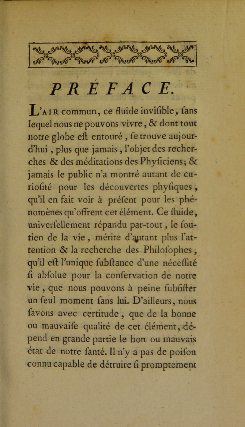 ) PREFACE. L’air commun, ce fluide invifible, fans lequel nous ne pouvons vivre, & dont tout notre globe eft entouré , fe trouve aujour- d’hui , plus que jamais, l’objet des recher- ches & des méditations des Phyficiens; & jamais le public n’a montré autant de cu- rioflté pour les découvertes phyfiques , qu’il en fait voir à préfent pour les phé- nomènes qu’offrent cet élément. Ce fluide, univerfellement répandu par-tout, le fou- tien de la vie, mérite datant plus l’at- tention & la recherche des Philofophes, qu’il eft l’unique fubftance d’une nécefîité ft abfolue pour la confervation de notre vie , que nous pouvons à peine fubfifter un feul moment fans lui. D’ailleurs, nous favons avec certitude, que de la bonne ou mauvaife qualité de cet élément, dé- pend en grande partie le bon ou mauvais état de notre fanté. Il n’y a pas de poifon connu capable de détruire fi promptement