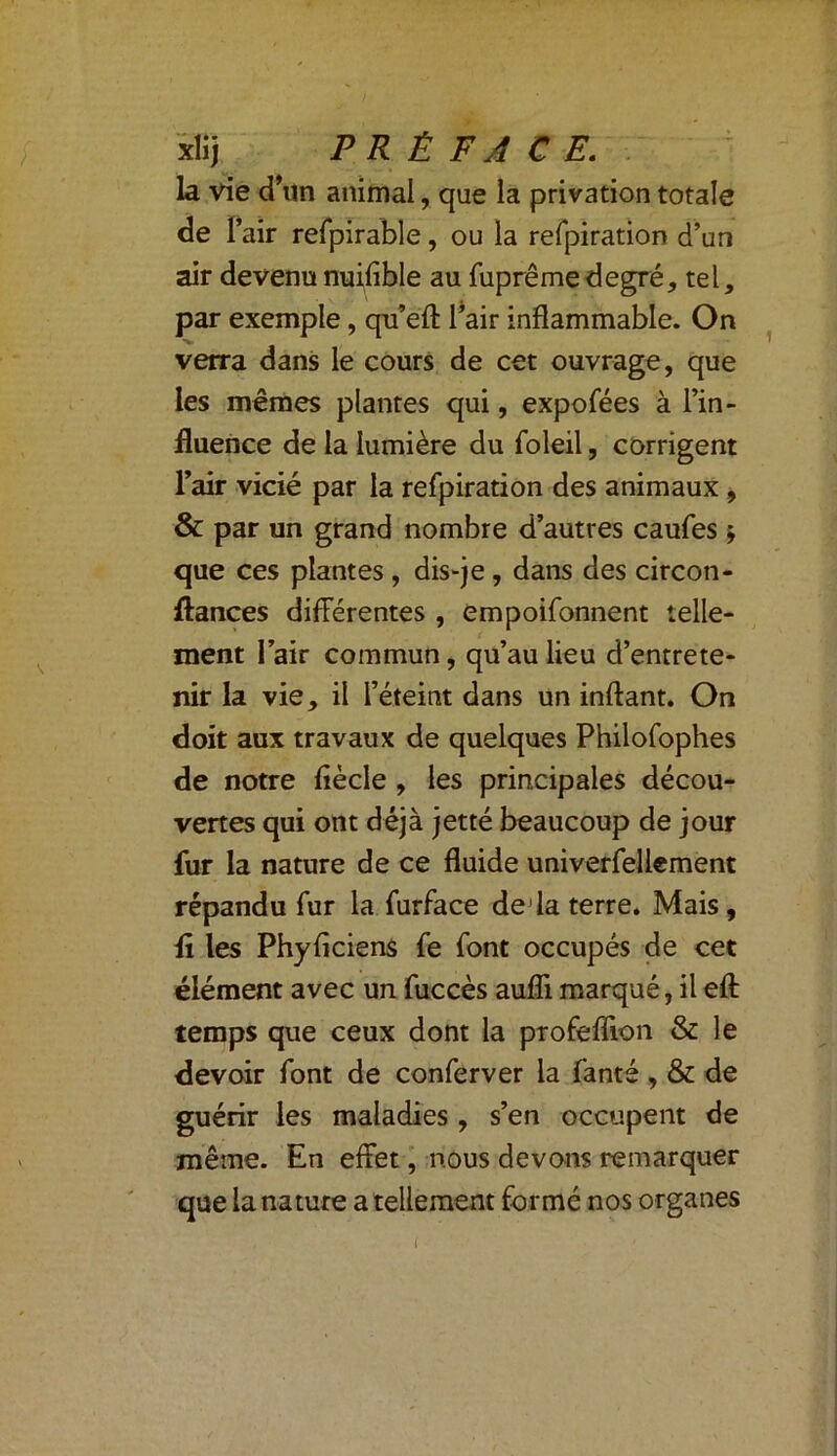 la vie d’un animal, que la privation totale de T ’air refpirable, ou la refpiration d’un air devenu nuifible au fuprême degré, tel, par exemple, qu’eft l’air inflammable. On verra dans le cours de cet ouvrage, que les mêmes plantes qui, expofées à l’in- fluence de la lumière du foleil, corrigent l’air vicié par la refpiration des animaux , & par un grand nombre d’autres caufes ; que ces plantes , dis-je, dans des circon- ftances différentes , empoifonnent telle- ment l’air commun, qu’au lieu d’entrete- nir la vie, il l’éteint dans un inftant. On doit aux travaux de quelques Philofophes de notre fiècle , les principales décou- vertes qui ont déjà jetté beaucoup de jour fur la nature de ce fluide univerfellement répandu fur la furface de la terre. Mais, fl les Phyficiens fe font occupés de cet élément avec un fuccès aufîi marqué, ilefl: temps que ceux dont la profeffion & le devoir font de conferver la fanté , & de guérir les maladies, s’en occupent de même. En effet, nous devons remarquer que la nature a tellement formé nos organes (