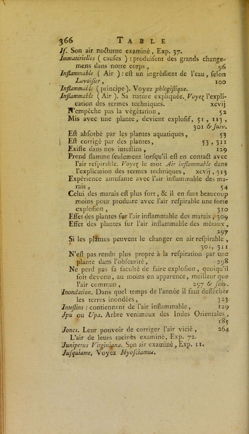 //■ Son air noélurne examiné, Exp. 37. Immatérielles ( caufes ) : produifent des grands change- mens dans notre corps , 96 Inflammable ( Air ) : eft un ingrédient de l’eau, félon Lavai fier, 100 'Inflammable ( principe ). Voyez phlogifiique. Inflammable (Air). Sa nature expliquée. Voye^ l’expli- cation des termes techniques. xcvij N’empêche pas la végétation, 52 Mis avec une plante, devient explofif, 51 , 113 , 301 & Juiv. Eft abforbé par les plaptes aquatiques, 53 | Eft corrigé par des plantes, 53 , 311 Exifte dans nos imeftins , 119 Prend flamme feulement lorfqu’il eft en contatt avec l’air refpirable. Voye{ le mot Air inflammable dans l’explication des termes techniques , xcvij ,313 Expérience amufante avec l’dir inflammable des ma- rais , 54 Celui des marais efl plus fort, & il en faut beaucoup moins pour produire avec l’air refpirable une forte explofion , 310 Effet des plantes fur l’air inflammable des marais, 309 Effet des plantes fur l’air inflammable des métaux, 297 Si les plSntes peuvent le changer en air refpirable , . . 3oi’ 311 N’eft pas rendu plus propre à la refpiration par une plante dans l’obfcurité, 298 Ne perd pas fa faculté de faire explofion , quoiqu’il foit devenu, au moins en apparence, meilleur que l’air commun , 2.97 & fuir. Inondation. Dans quel temps de l’année il faut deflécber les terres inondées, 323 Inteflins : contiennent de l’air inflammable , 129 Jpu ou Upa. Arbre venimeux des Indes Orientales , l8ï Joncs. Leur pouvoir de corriger l’air vicié , 264 L’air de leurs racinfes examiné, Exp. 72. Junipcrus Virfinmna. Son air examiné , Exp. il. Jujquiame, Voyez Hyofciarnus.