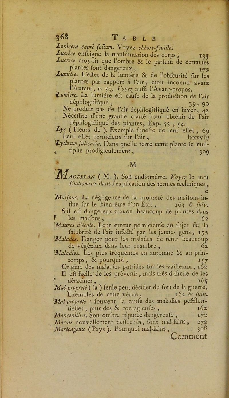 Lonicera capri folium. Voyez chèvre-feuillet Lucrèce enfeigne la tranfmutation des corps,' 133 Lucrèce croyoit que l’ombre & le parfum de certaines plantes font dangereux , ij2 Lumière. L’effet de la lumière & de l’obfcurité fur les plantes par rapport à l’air, étoit inconnu avant 1 Auteur,/?. 59. Voye^ auffi l’Avant-propos. Lumière. La lumière eff caufe de la production de l’air déphlogifliqué des plantes, Èxp. 53 , 54. Lys ( Fleurs de ). Exemple funefle de leur effet , 69 Leur effet pernicieux fur l’air , lxxxviij Lythrum falicaria. Dans quelle terre cette plante fe mul- t. tiplie prodigieufement, 309 M J\^agellan ( M. ). Son eudiomètre. Voyeç le mot Eudiomètre dans l’explication des termes techniques. c 1Maifons. La négligence de la propreté des maifons in- flue fur le bien-être d’un Etat , 163 & fuiv. S’il eff dangereux d’avoir beaucoup de plantes dans T les maifons, 62 'Maîtres d'école. Leur erreur pernicieufe au fujet de la falubrité de l’air infeCfé par les jeunes gens, 152 1Malades. Danger pour les malades de tenir beaucoup de végétaux dans leur chambre , 62 Maladies. Les plus fréquentes en automne & au prin- temps, & pourquoi , 157 Origine des maladies putrides fu'r les vaiffeaux, 162 Il eff facile de les prévenir, mais très-difficile de les f déraciner, i6ç 'Mal-propreté ( la ) feule peut décider du fort de la guerre. Exemples de cette vérité, 162 & fuiv. Mal-propreté : fouvent la caufe des maladies peffilen- tielles , putrides & contagieules , 162 Mancenillier. Son ombre réputée dangereufe , 172 Marais nouvellement defféchès, font mal-fains , 272 Marécageux (Pays). Pourquoi mal-lains , 3 08 Comment