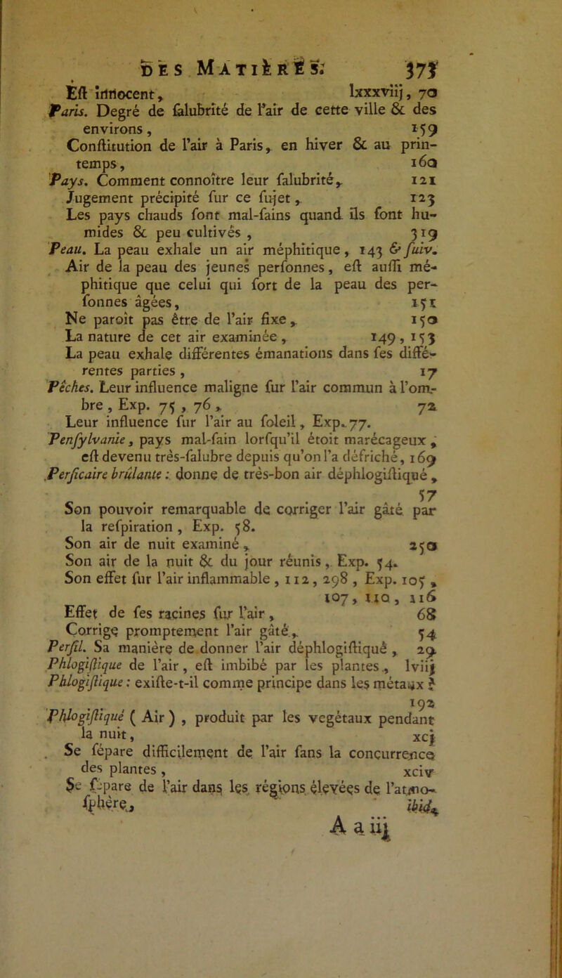 V des Matière s; 37$' » Eft innocent, lxxxviij, 70 Taris. Degré de fâlubrité de l’air de cette ville & des environs, *59 Conftitution de l’air à Paris, en hiver & au prin- temps, i6q Pays. Comment connoître leur fâlubrité, 121 Jugement précipité fur ce fujet, T23 Les pays chauds font mal-fains quand ils font hu- mides & peu cultivés , 319 Peau. La peau exhale un air méphitique, 143 &fuiv. Air de la peau des jeunes perfonnes, eft auffi mé- phitique que celui qui fort de la peau des per- fonnes âgées, içt Ne paroît pas être de l’air fixe, 150 La nature de cet air examinée, 149, 133 La peau exhale différentes émanations dans fes diffé- rentes parties, 17 Pêches. Leur influence maligne fur l’air commun à l’om- bre , Exp. 75 , 76 , 72 Leur influence fur l’air au foleil, Exp. 77. Penfylvanie, pays mal-fain lorfqu’il étoit marécageux , efl devenu très-falubre depuis qu’on l’a défriché, 169 Perficaire brûlante : donne de très-bon air déphlogiffiqué , 37 Son pouvoir remarquable de corriger l’air gâté par la refpiration , Exp. 58. Son air de nuit examiné, 250 Son air de la nuit & du jour réunis, Exp. 34. Son effet fur l’air inflammable ,112, 298 , Exp. 107» UQ , Effet de fes racines fur l’air, Corrige promptement l’air gâté, Perfil. Sa manière de donner l’air déphlogiftiquê , Phlogiflique de l’air, eft imbibé par les plantes.. 103 * 68 34 4 Phlogiflique: exifte-t-il comme principe dans les métaux ? . . 192 Phlogiflique ( Air ) , produit par les végétaux pendant la nuit, xcj Se fépare difficilement de l’air fans la concurrence des plantes , xci\r $e fjpare de l’air dans les régions élevées de l’atmo- tykèrej ibid^ A a iij