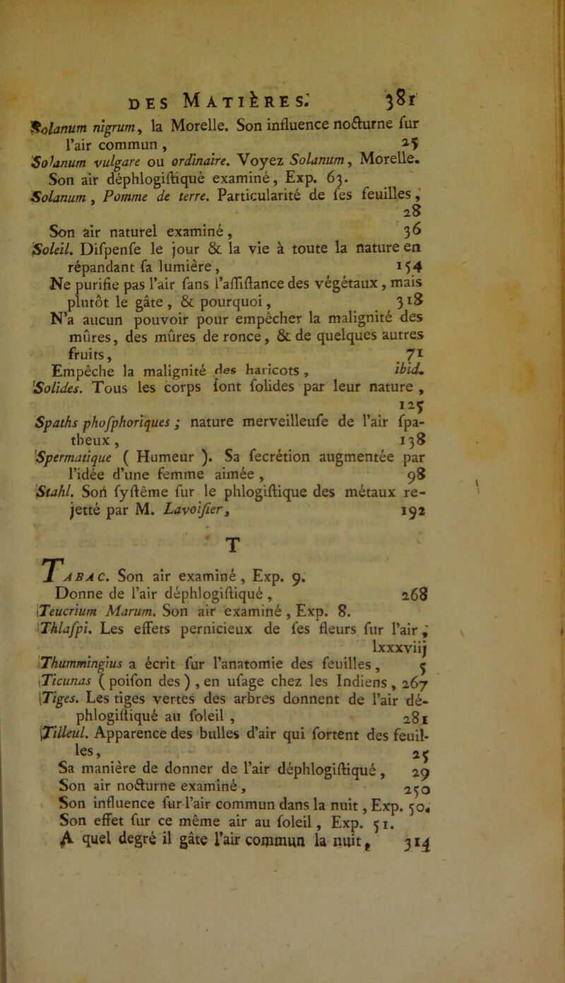 Solarium nigrum, la Morelle. Son influence nofturne fur l’air commun, ai> Solarium vulgare ou ordinaire. Voyez Solarium, Morelle. Son air déphlogiftiqué examiné, Exp. 63. Solarium, Pomme de terre. Particularité de fes feuilles, 28 Son air naturel examiné, 36 Soleil. Difpenfe le jour & la vie à toute la nature en répandant fa lumière, 154 Ne purifie pas l’air fans l’afliftance des végétaux, mais plutôt le gâte, & pourquoi, 318 N’a aucun pouvoir pour empêcher la malignité des mûres, des mûres de ronce, & de quelques autres fruits, 7l Empêche la malignité des haricots , ibii. 'Solides. Tous les corps font folides par leur nature , 12* Spaths phofphoriques ; nature merveilleufe de l’air fpa- theux, 138 Spermatique ( Humeur ). Sa fecrétion augmentée par l’idée d’une femme aimée, 98 Stahl. Sort fyftême fur le phlogiftique des métaux re- jetté par M. Lavoifier, 192 1 ABac. Son air examiné, Exp. 9. Donne de l’air déphlogiftiqué , 268 \Teucriurn Marurn. Son air examiné , Exp. 8. Thlafpi. Les effets pernicieux de fes fleurs fur l’air lxxxviij Thummingms a écrit fur l’anatomie des feuilles, ç 1 Ticunas ( poifon des ) , en ufage chez les Indiens , 267 [Tiges. Les tiges vertes des arbres donnent de l’air dé- phlogiftiqué au foleil , 281 filleul. Apparence des bulles d’air qui fortent des feuil- les, Sa manière de donner de l’air déphlogiftiqué, 29 Son air noâurne examiné , 25a Son influence fur l’air commun dans la nuit, Exp. 50. Son effet fur ce même air au foleil, Exp. 51. A quel degré il gâte l’air commun la nuit , 314