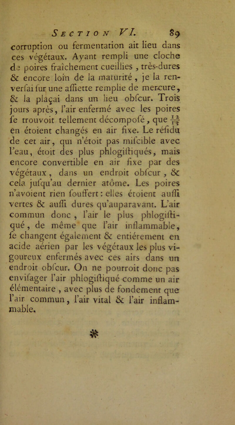 corruption ou fermentation ait lieu dans ces végétaux. Ayant rempli une cloche de poires fraîchement cueillies , très-dures & encore loin de la maturité , je la ren- verfailur une afliette remplie de mercure, & la plaçai dans un lieu obfcur. Trois jours après, l’air enfermé avec les poires fe trouvoit tellement décompofé, que \~ en étoient changés en air fixe. Le réfidu de cet air, qui n’étoit pas mifcible avec l’eau, étoit des plus phlogifliqués, mais encore convertible en air fixe par des végétaux, dans un endroit obfcur , & cela jusqu’au dernier atome. Les poires n’avoient rien fouffert : elles étoient aufii vertes & aufii dures qu’auparavant. L’air commun donc , l’air le plus p'nlogifii- qué, de même que l’air inflammable, fe changent également & entièrement en acide aérien par les végétaux les plus vi- goureux enfermés avec ces airs dans un endroit obfcur. On ne pourroit donc pas envifager l’air phlogifiiqué comme un air élémentaire , avec plus de fondement que l’air commun, l’air vital & l’air inflam- mable.